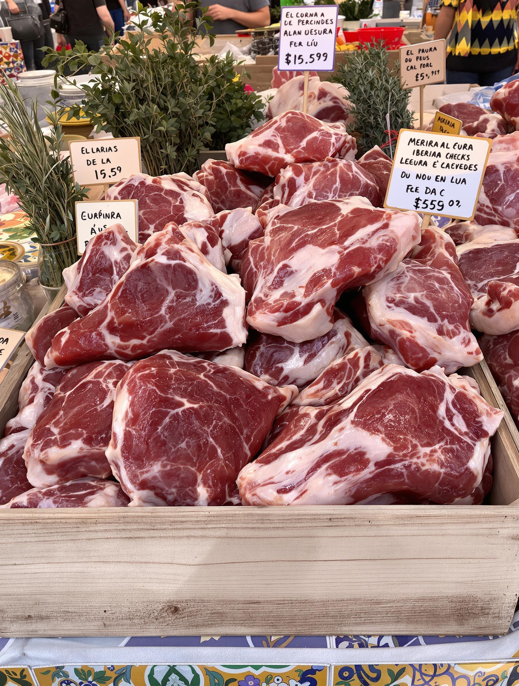 Étal de marché ibérique avec joues de porc prêtes à cuire