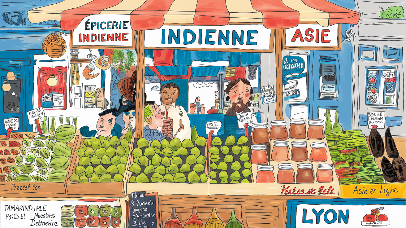 Étal de marché avec gousses de tamarin et bocaux de pâte dans une épicerie spécialisée.