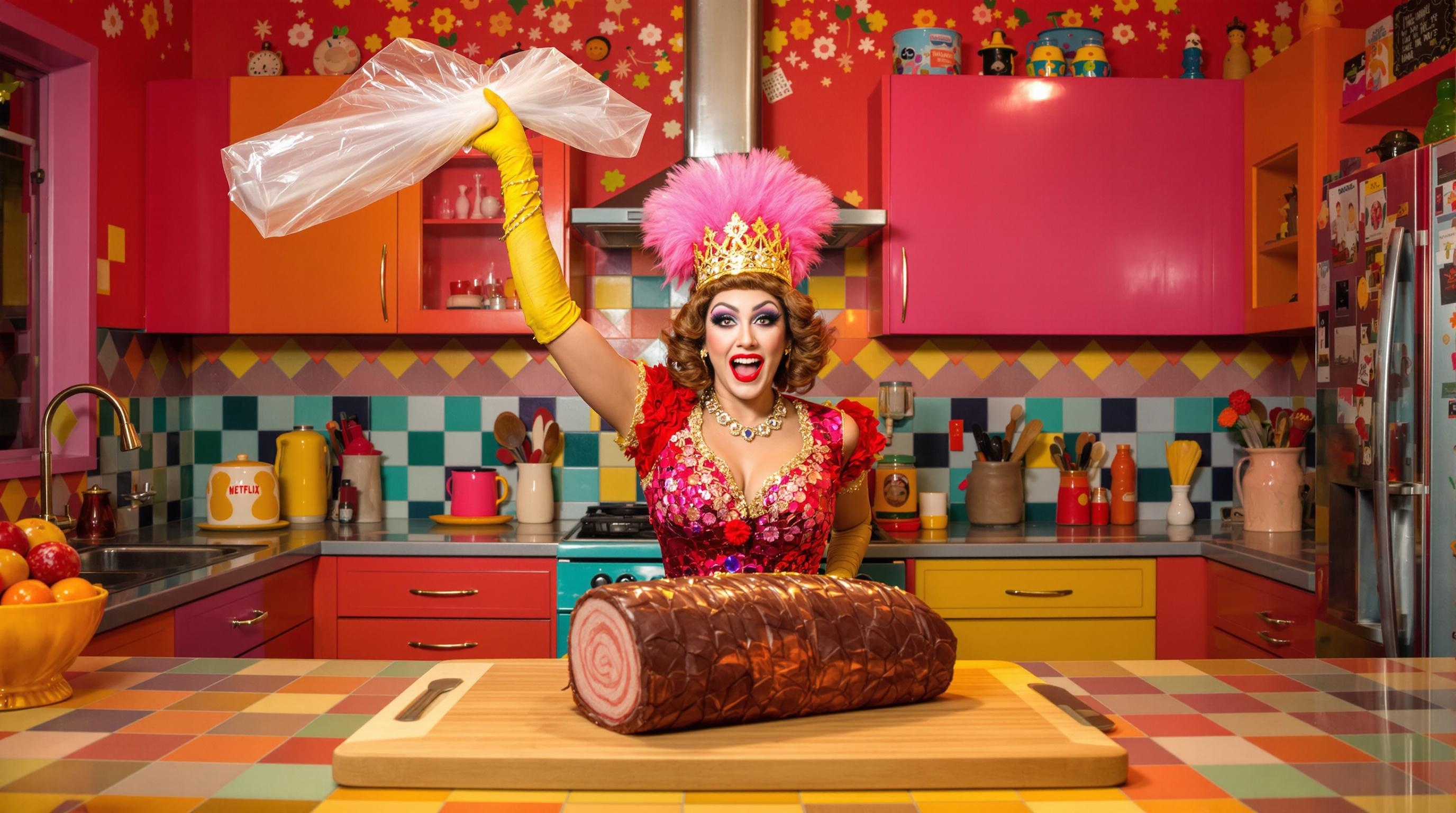 Eurydice Goudron avec cellophane et faux saucisson au chocolat sur planche vintage
