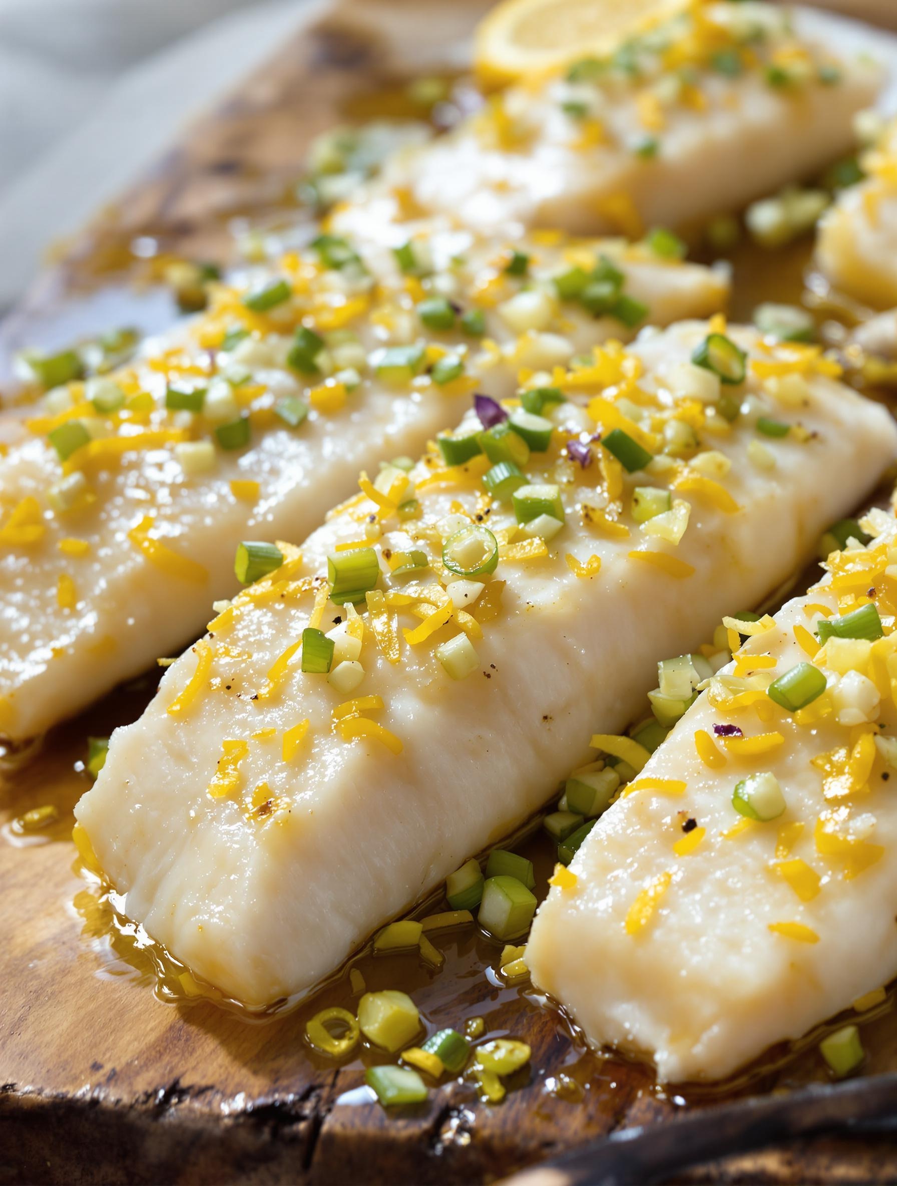 Filets de julienne marinés au citron avec zestes et échalotes.