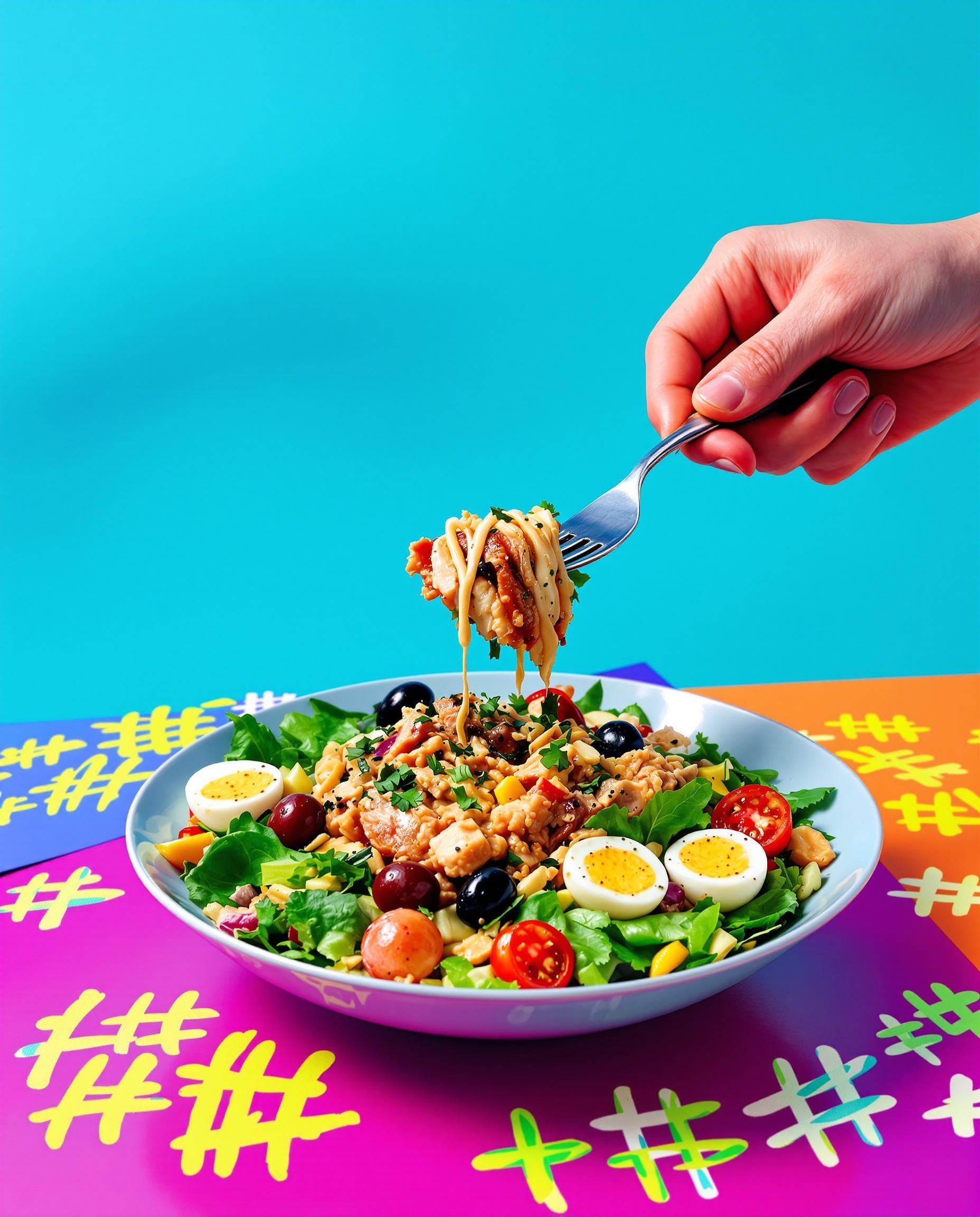 Fourchette devant une salade niçoise colorée