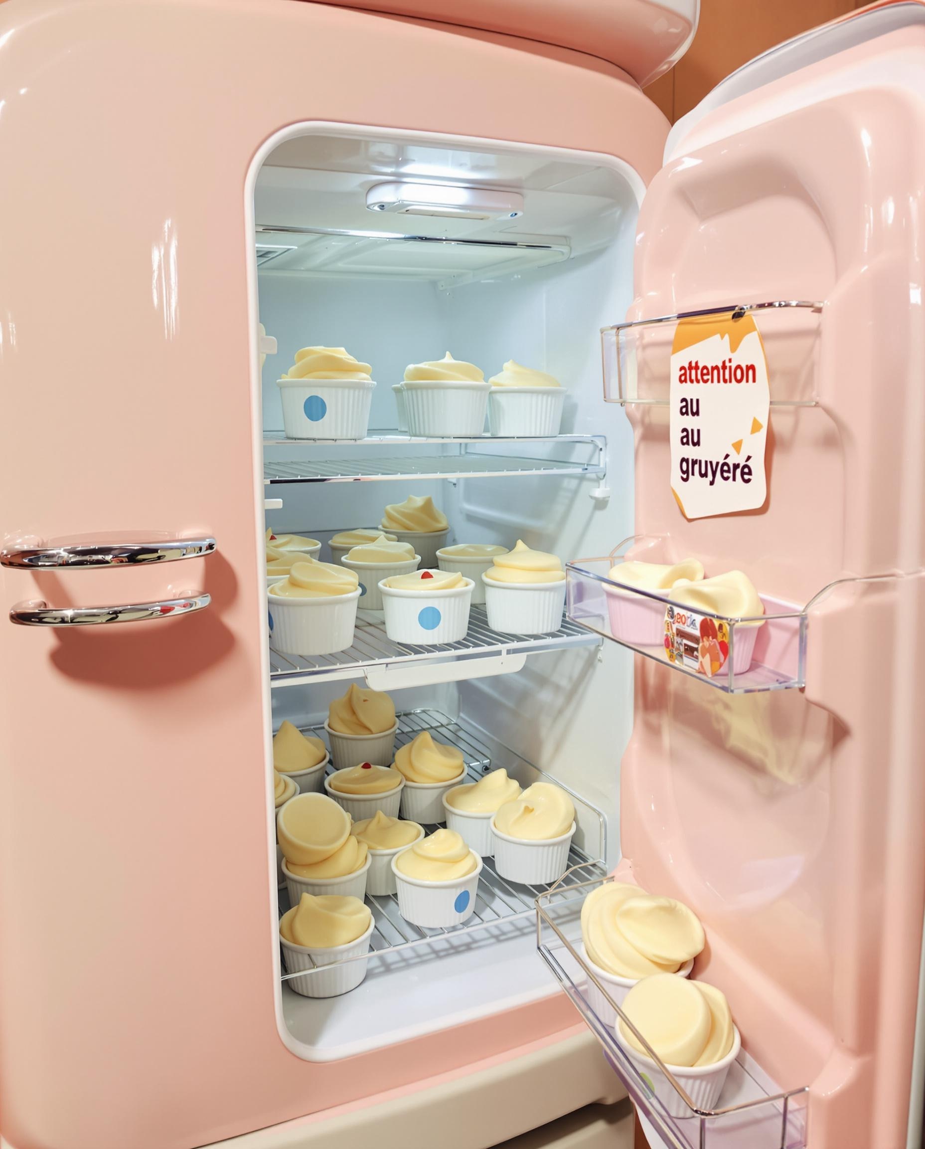 Frigo vintage avec ramequins de crème vanille Thermomix.