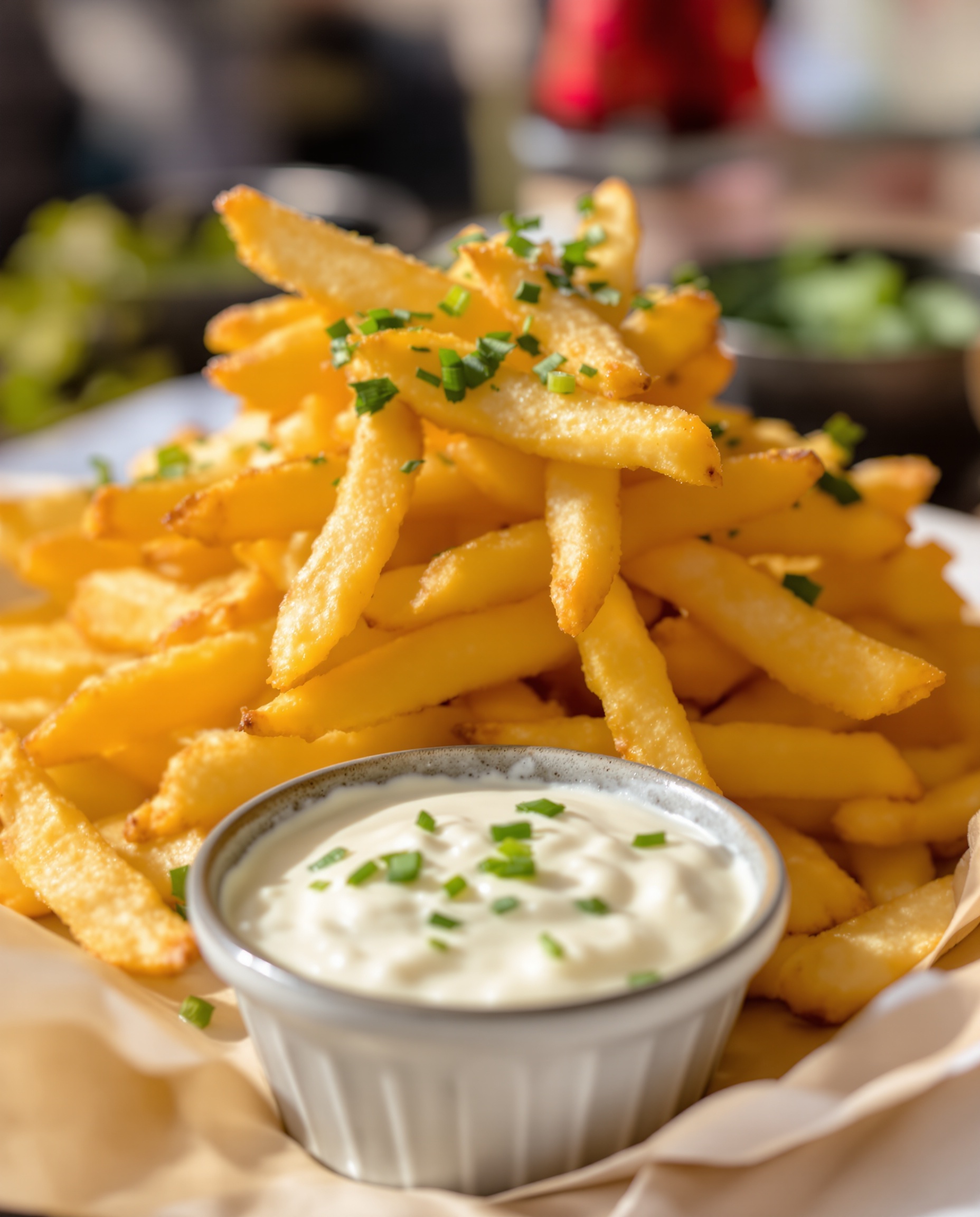 Frites de panisse dorées croustillantes dressées avec une sauce crémeuse, parfaites pour un partage convivial avec des herbes fraîches.