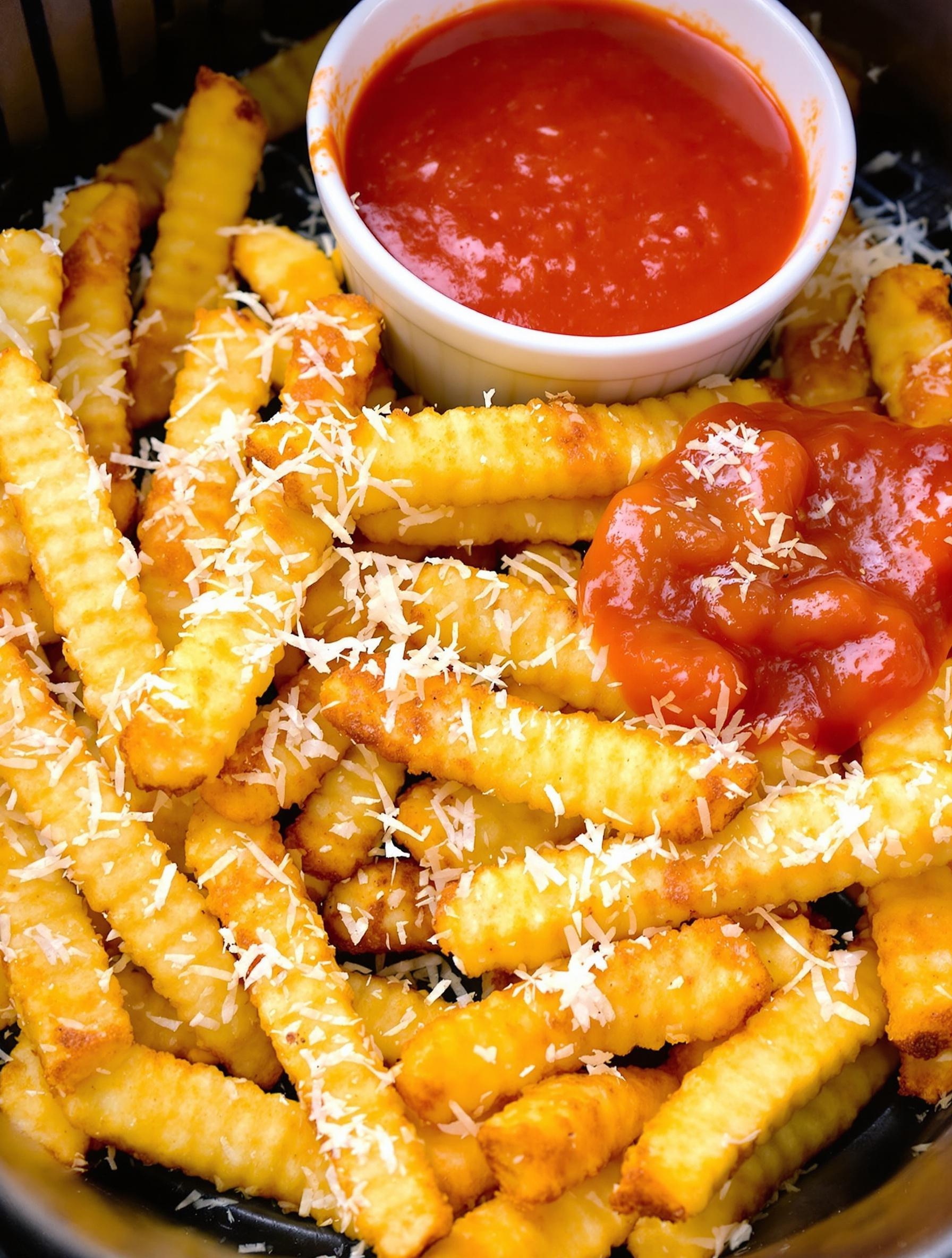 Frites de polenta croustillantes dans un panier airfryer, saupoudrées de parmesan râpé