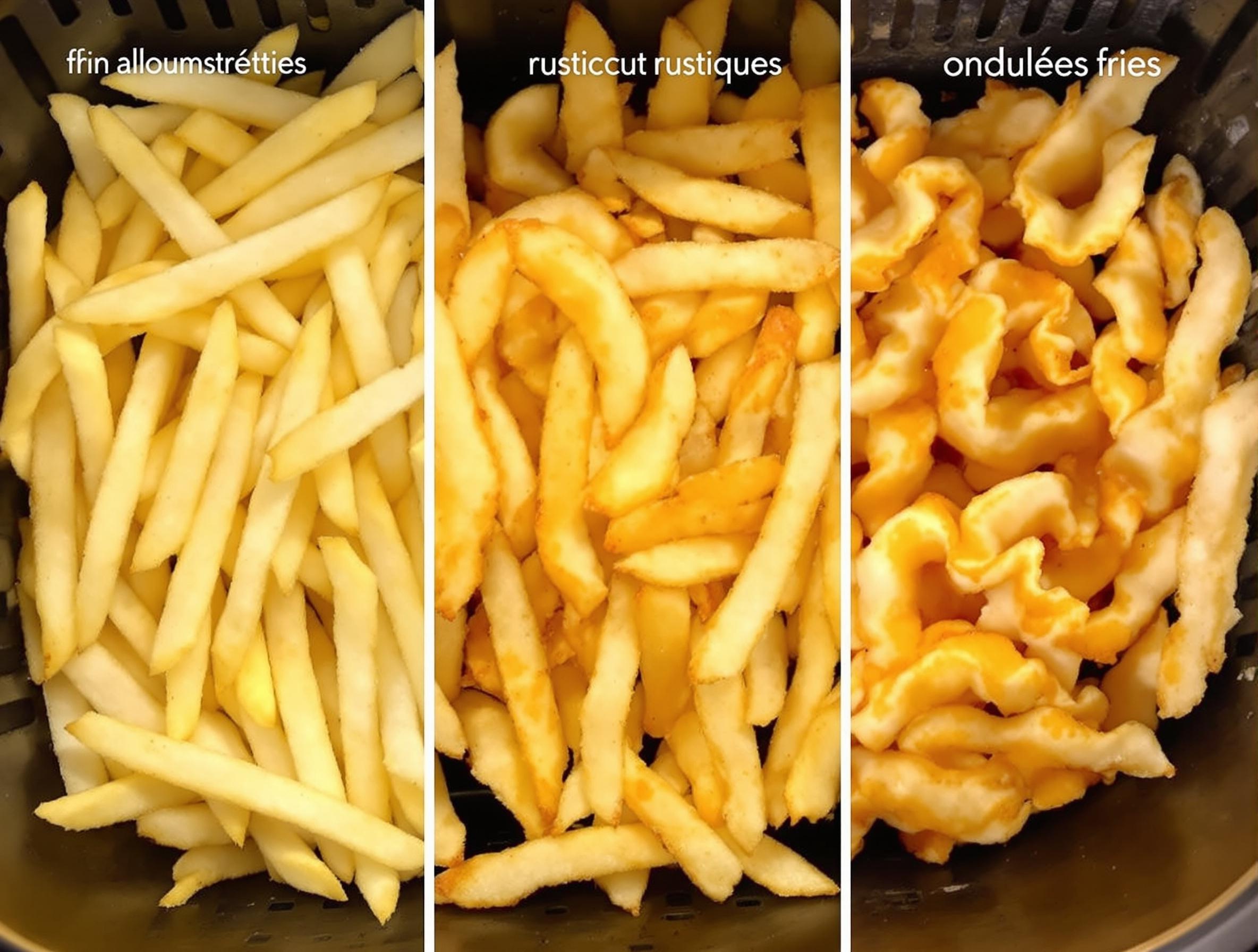 Comparatif visuel des trois familles de frites surgelées dans un panier Airfryer : allumettes fines, rustiques épaisses, ondulées wavy — textures dorées et contrastées.
