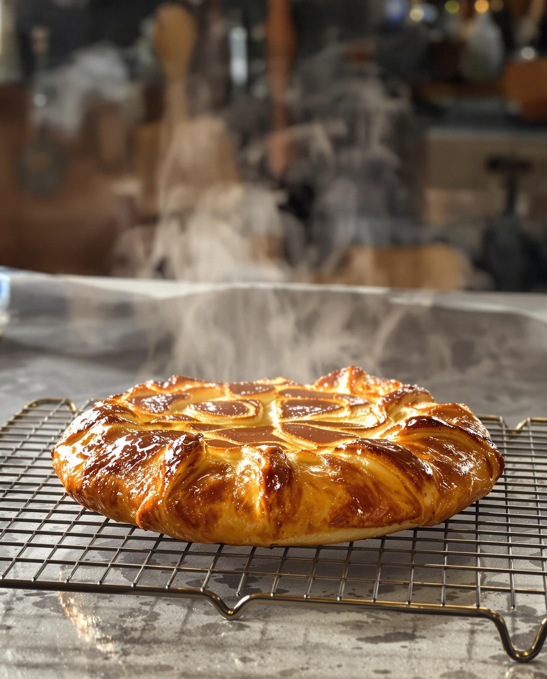 Galette des rois dorée brillante sortie du four style lyonnais.