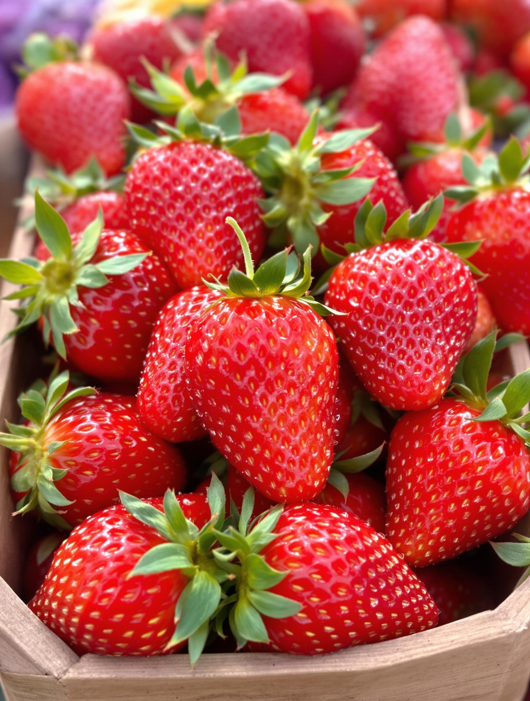 Punnet de gariguette strawberries with dew drops, highlighting freshness ideal for sorbet