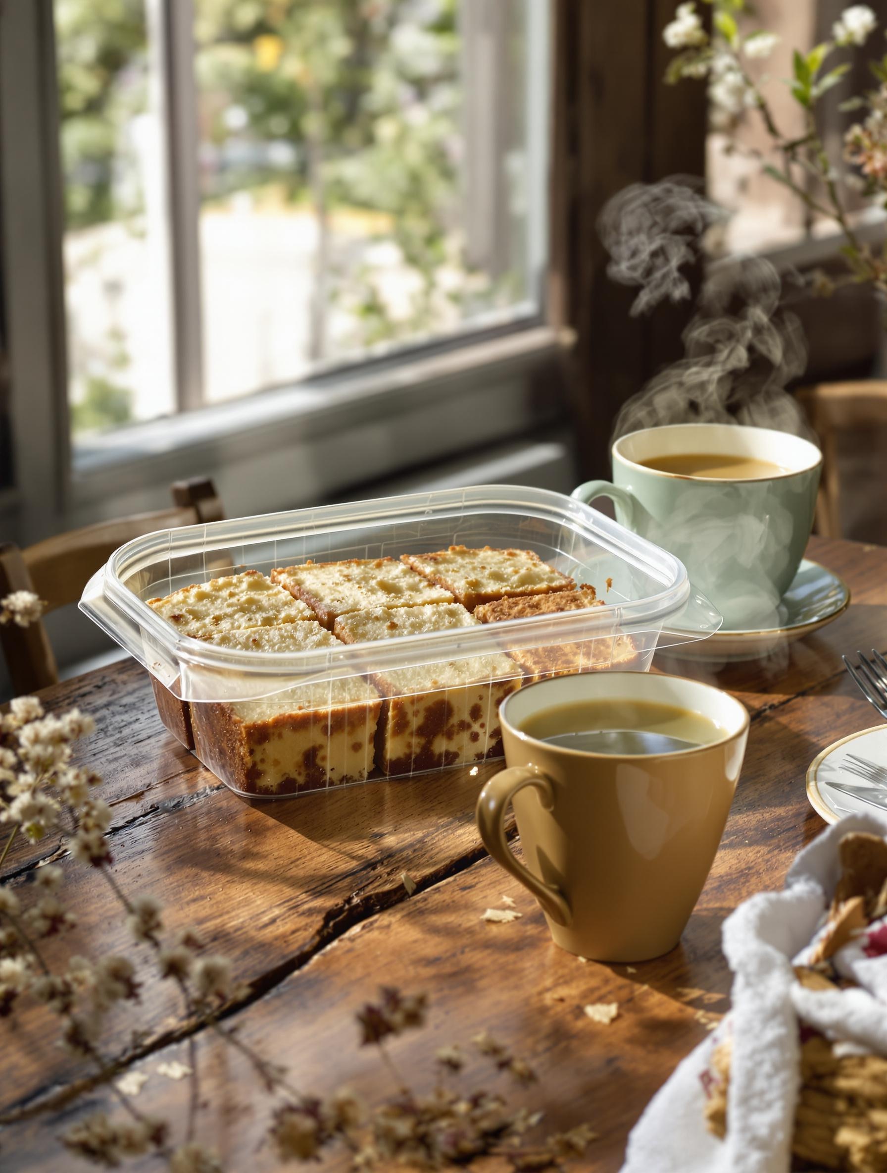 Gâteau sans sucre tranché, conservé dans une boîte hermétique, accompagné d’une tasse de thé vert.
