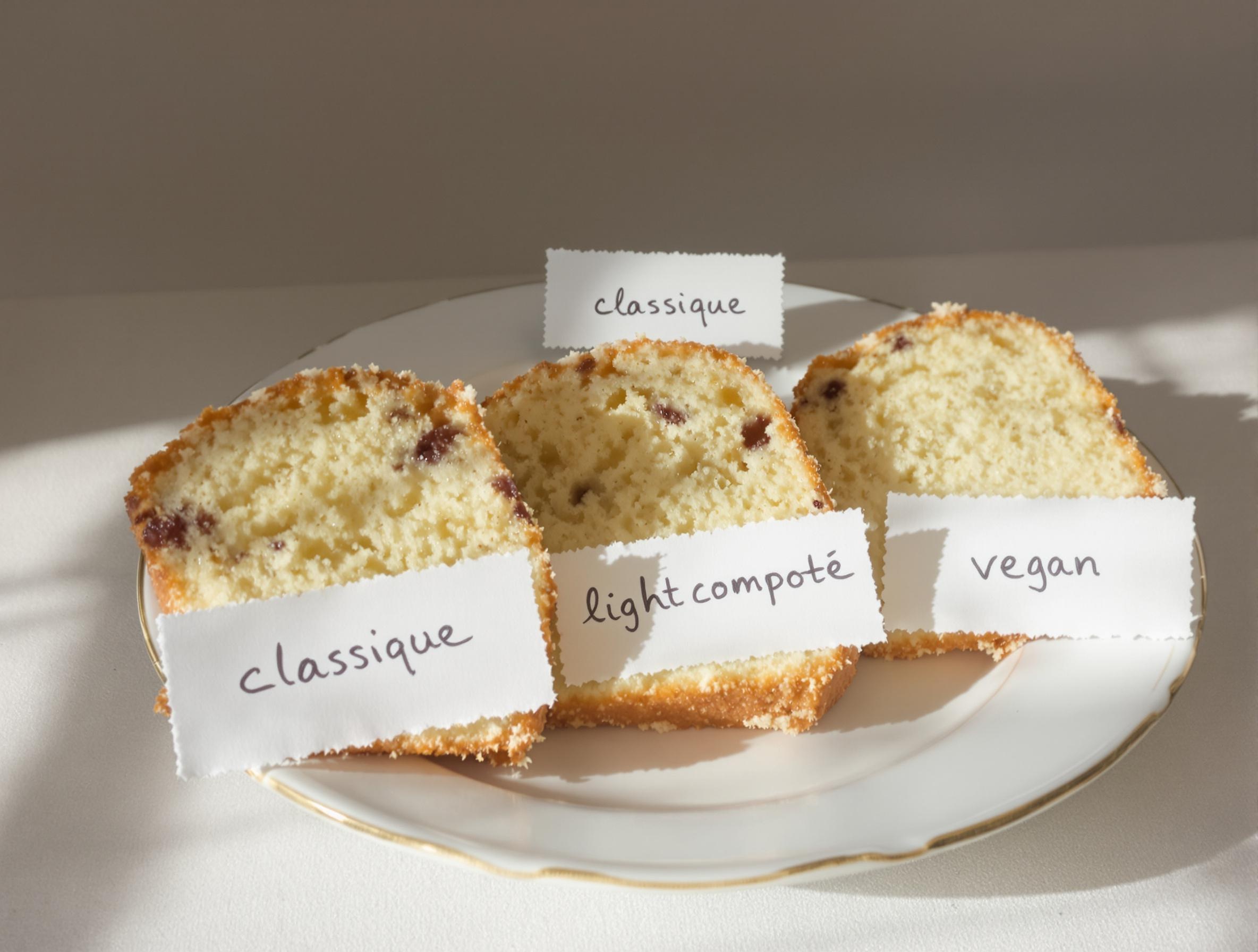 Comparaison de trois parts de gâteau au yaourt : classique, version light à la compote, et version vegan.