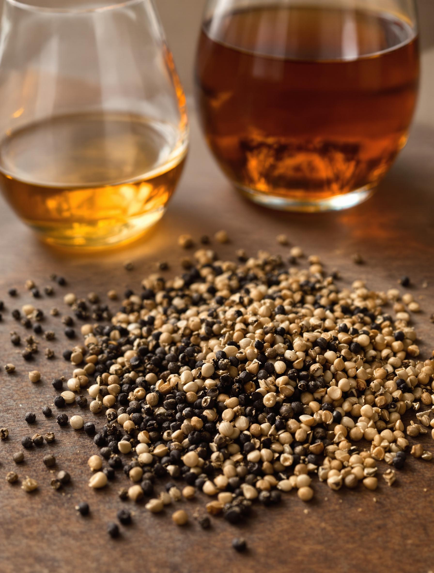 Grains de poivre fraîchement écrasés et verre de Cognac prêts pour une sauce au poivre maison