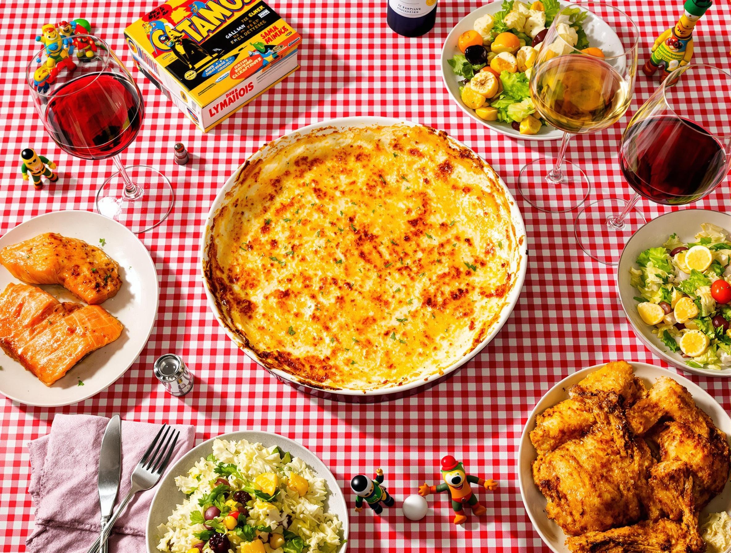 Service du gratin accompagné de saumon, poulet et salade