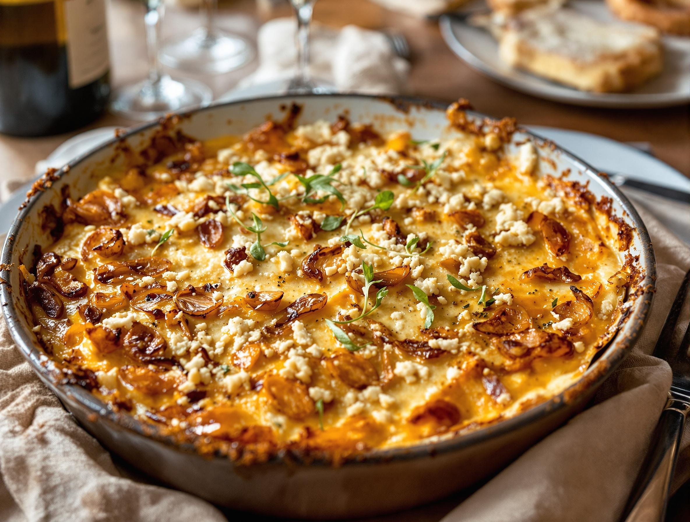 Gratin végétal tofu Comté Fourme Montbrison échalotes rôties