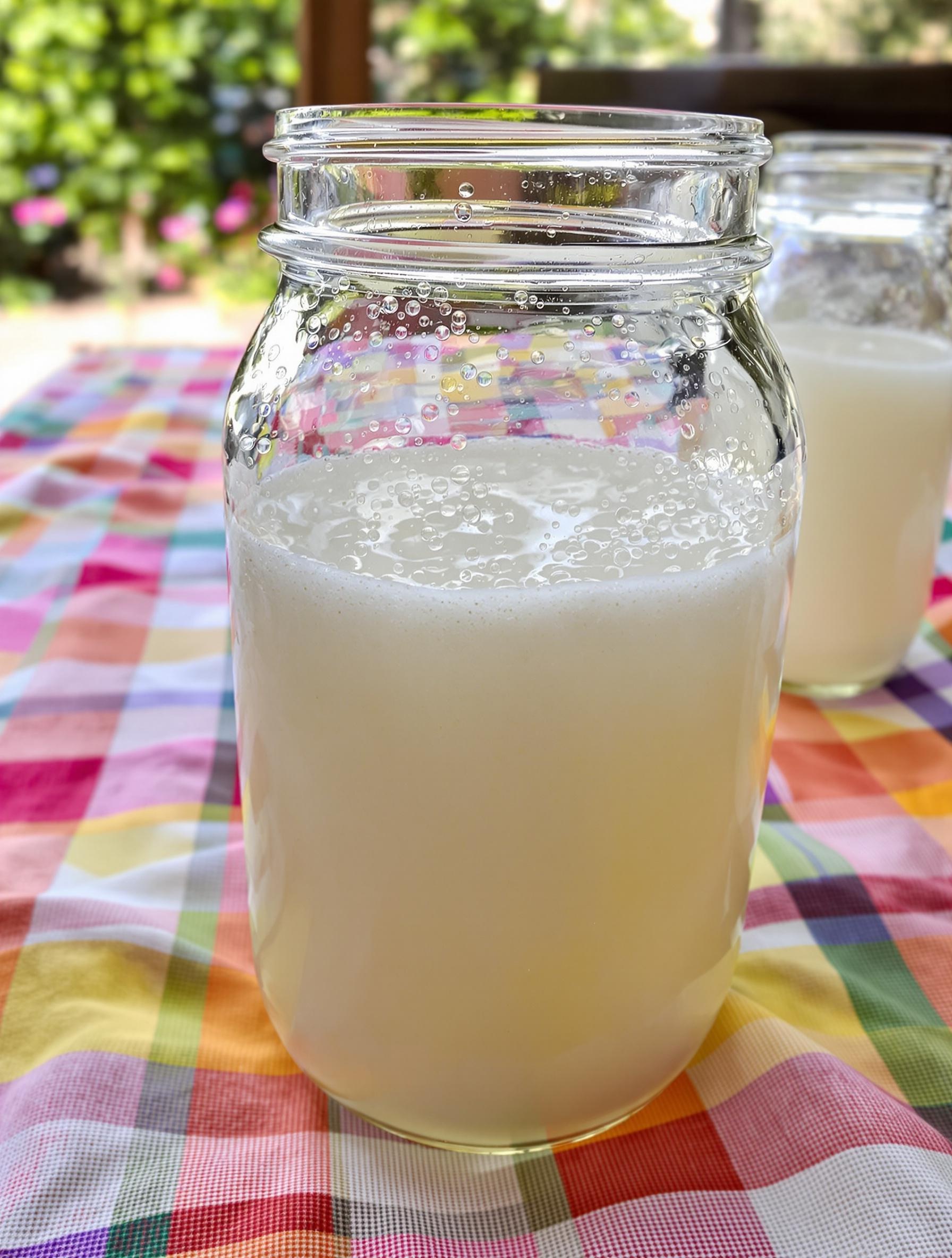 Bocal de kéfir en fermentation avec bulles et grains sur un torchon coloré