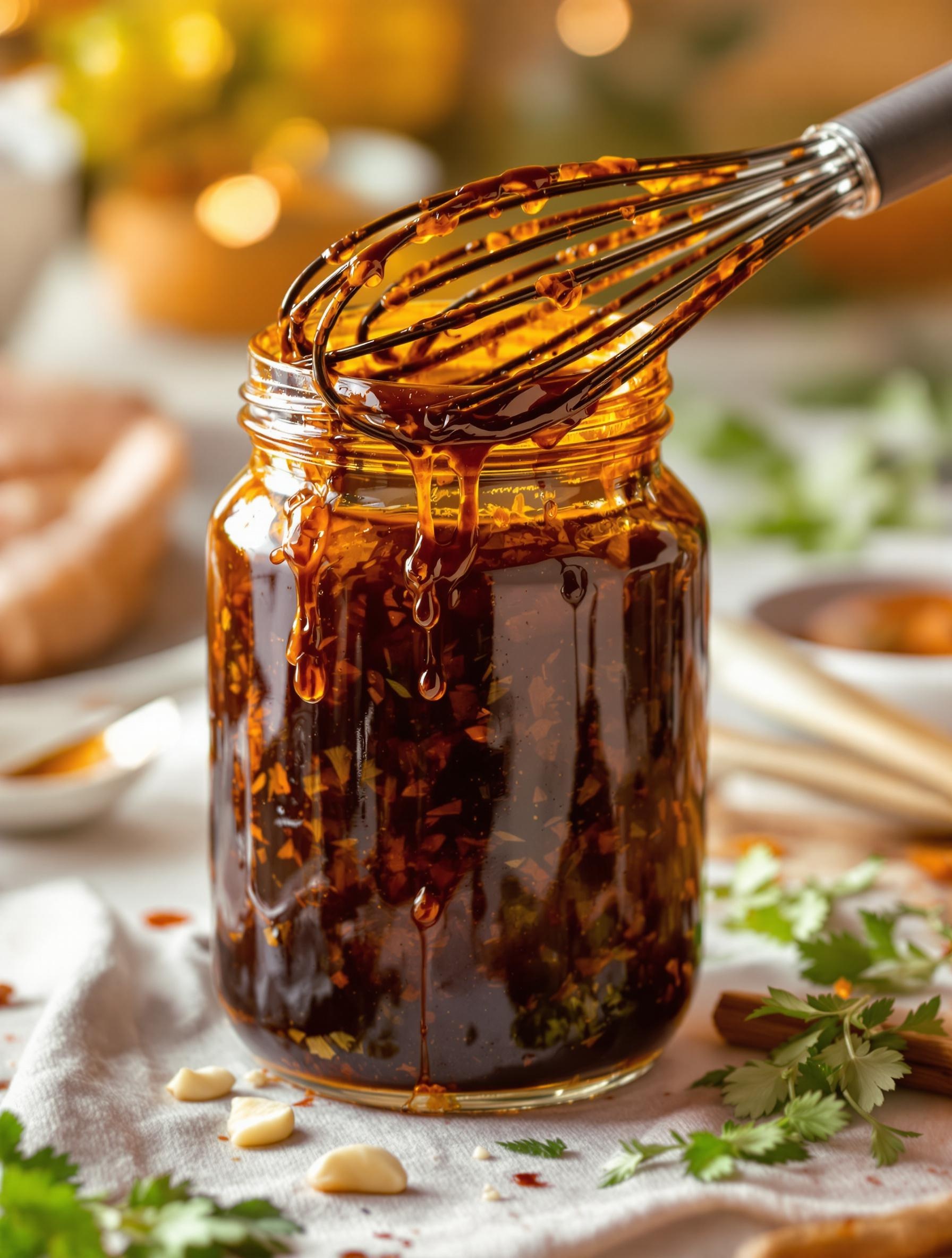 Bocal rempli de marinade sauce soja, miel, ail et herbes dans une cuisine chaleureuse