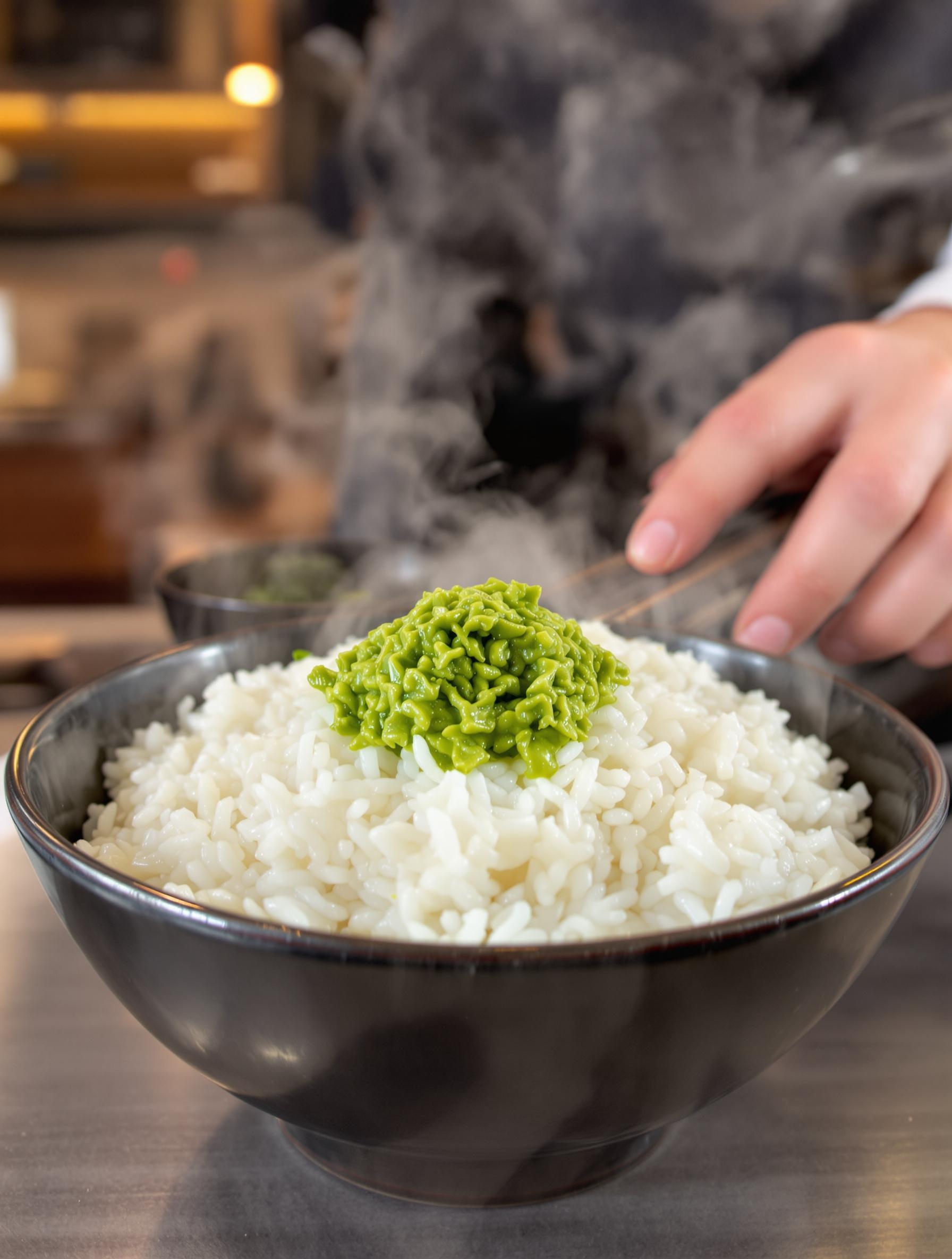 Bol de riz garni de wasabi vert vif râpé à la main par le chef chez Wasabi à Lyon 7