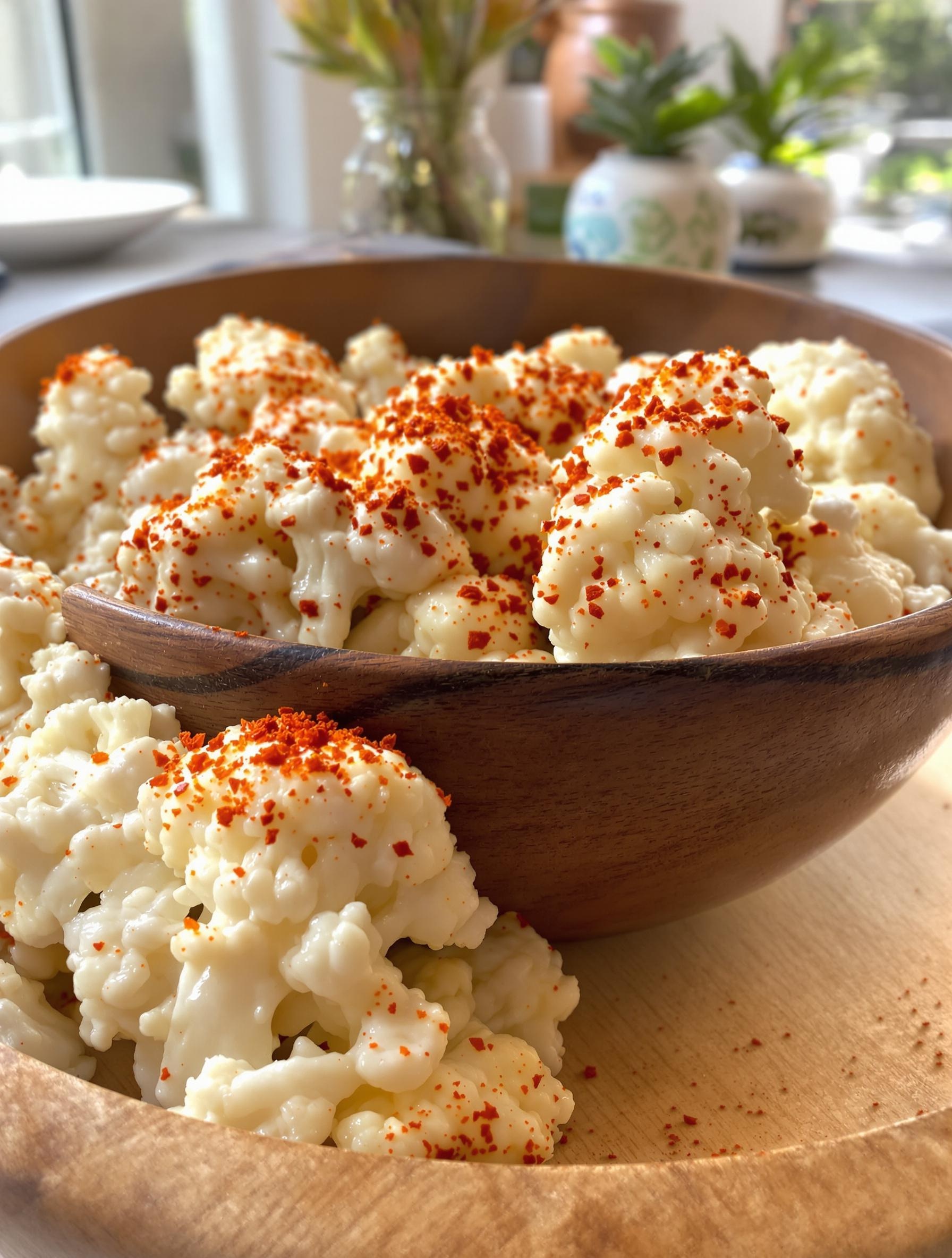 Gros-plan sur un saladier en bois contenant des fleurettes de chou-fleur nappées d’une sauce crémeuse au tahini, éclats de paprika fumé rouge brique contrastant avec le blanc des légumes, ambiance cuisine lumineuse.
