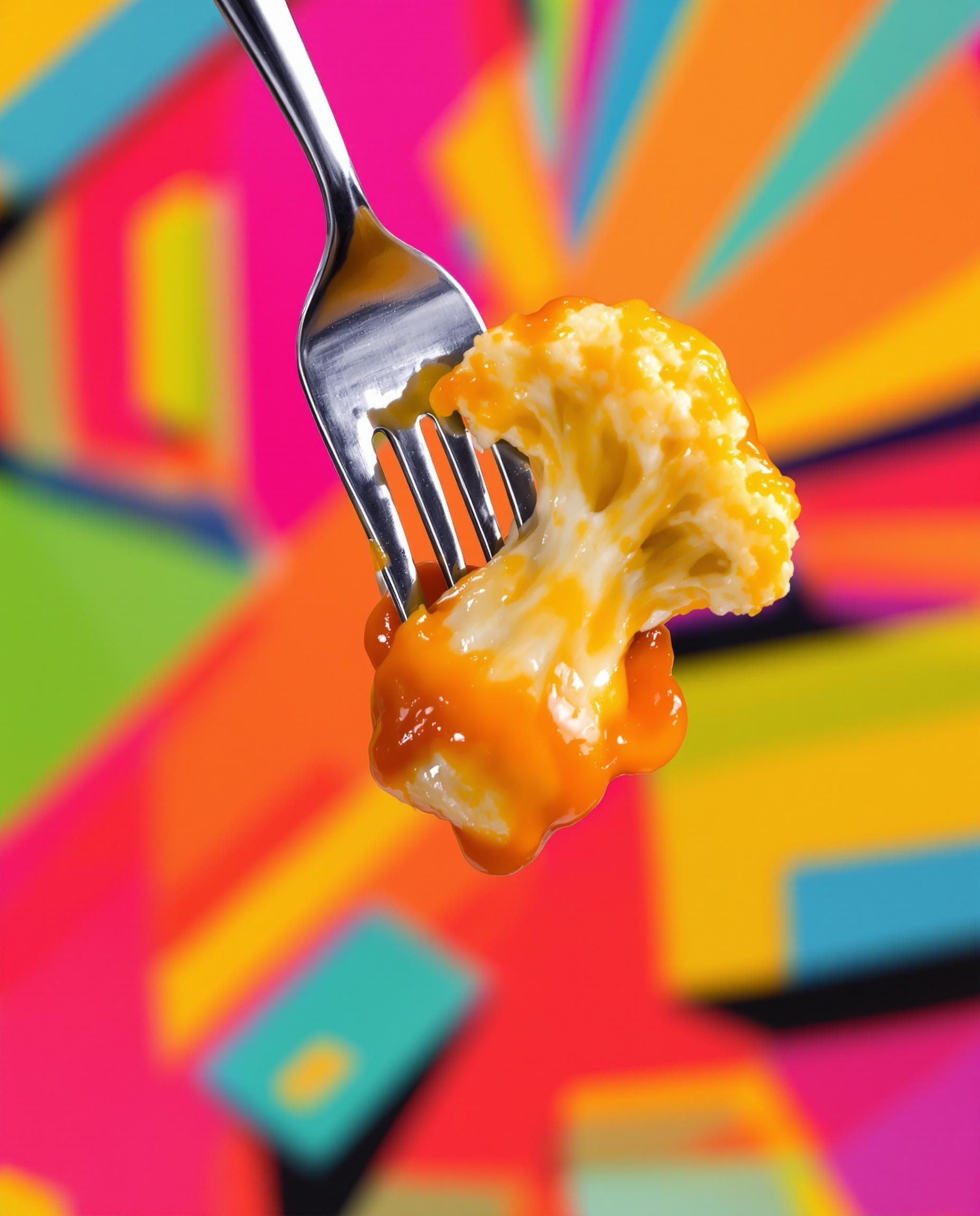 Fourchette tordue piquant un chou-fleur sauce punchy sur fond pop rétro clin d’œil science-fiction.