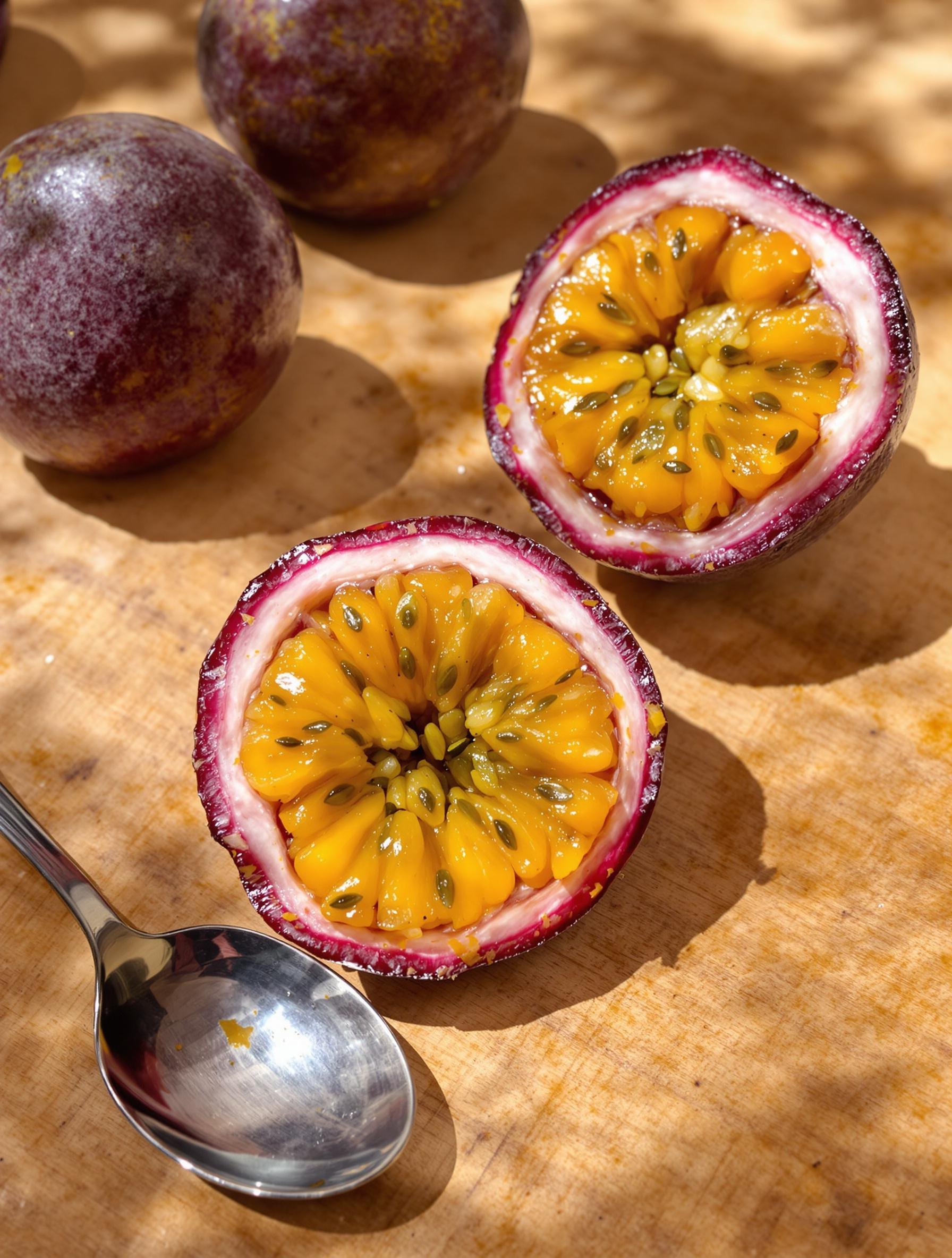 Fruit de la passion coupé en deux, pulpe brillante prête à être dégustée.