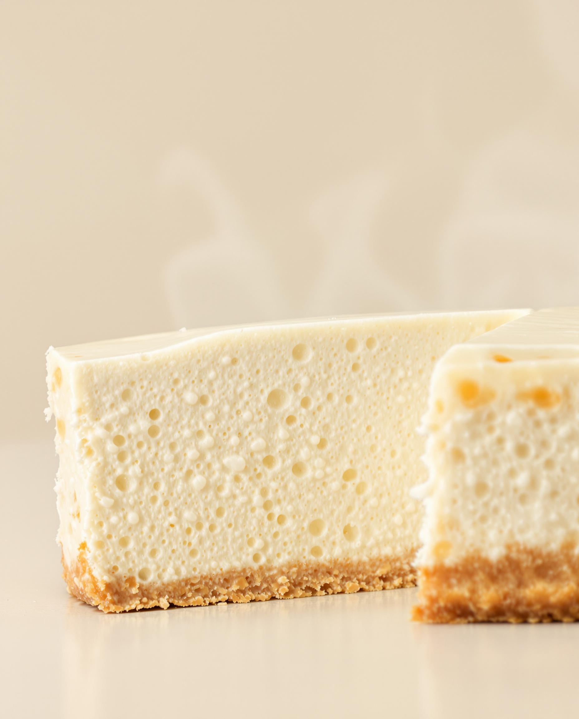Photo d’un gâteau au fromage blanc léger fraîchement tranché, montrant l’alvéolage aérien