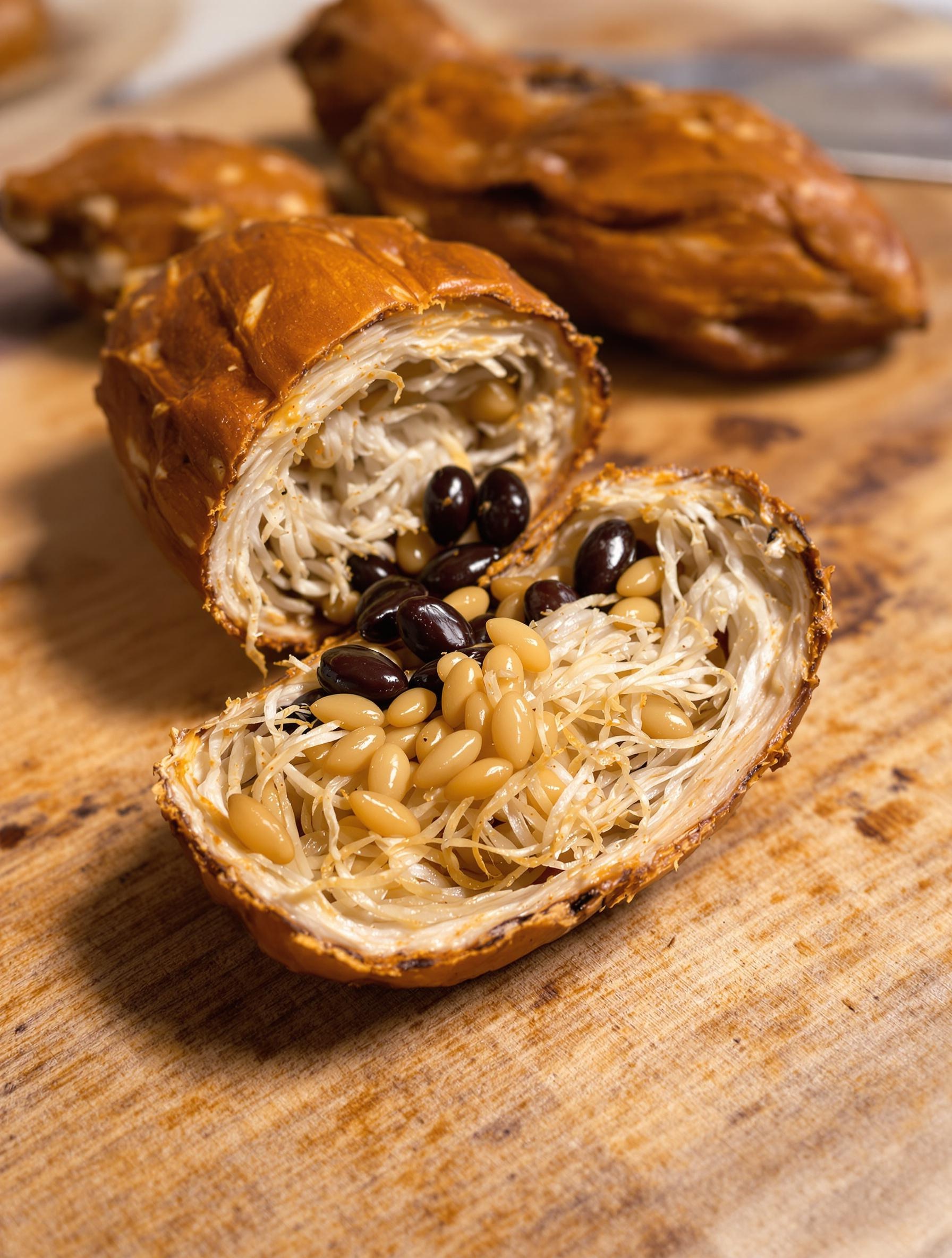Gousse de tamarin fraîche fendue avec pulpe apparente et graines sur une planche en bois.