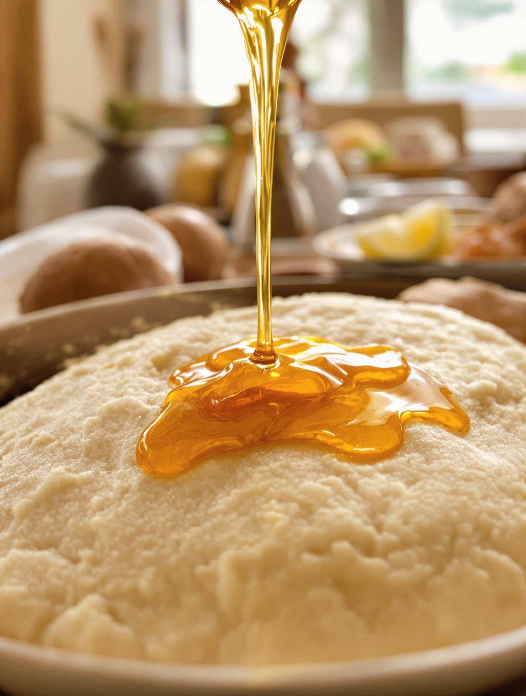 Gros plan de miel liquide coulant sur un pain d'épices avant cuisson