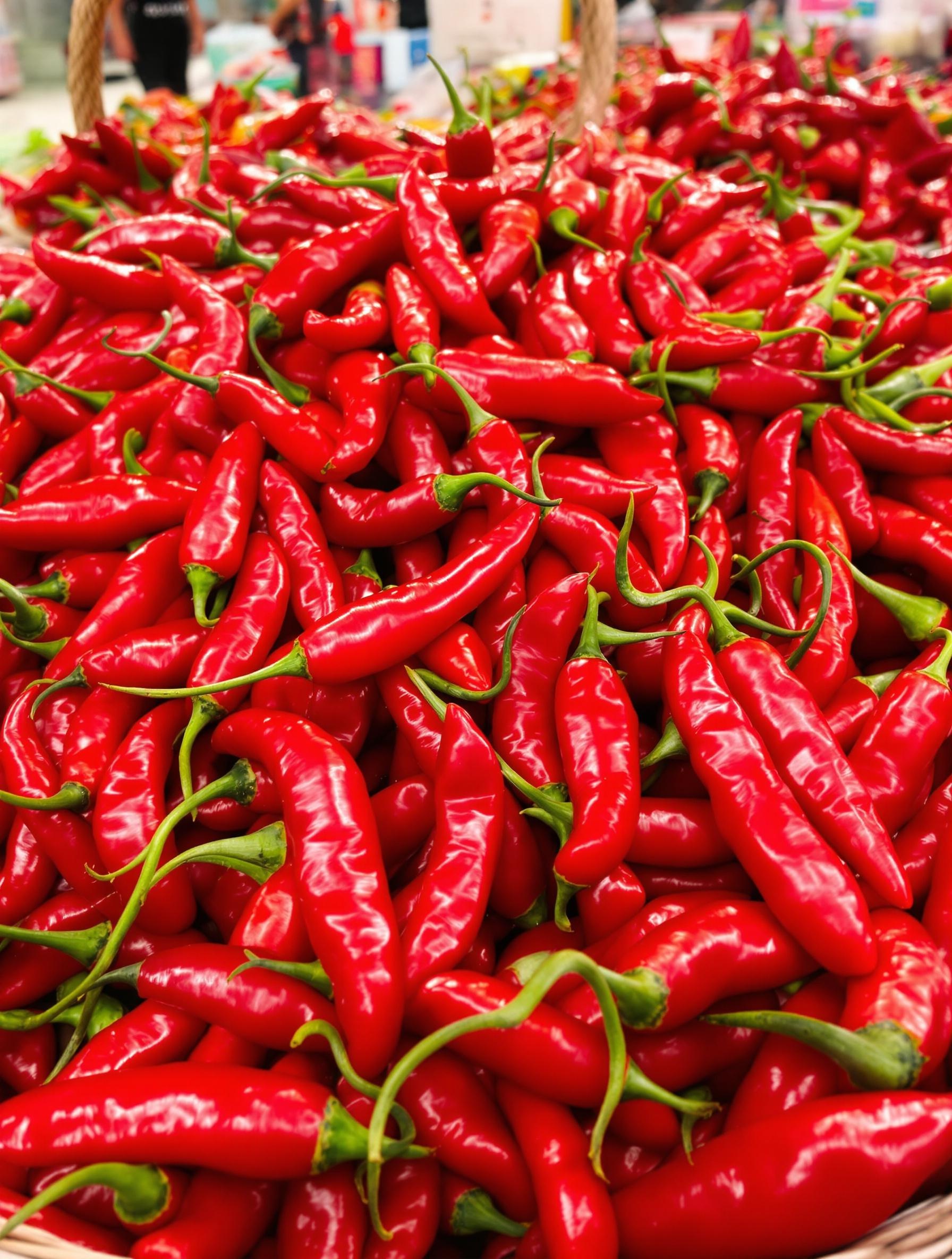 Gros plan sur un panier de piments rouges frais, jalapeño et habanero, sur un marché asiatique
