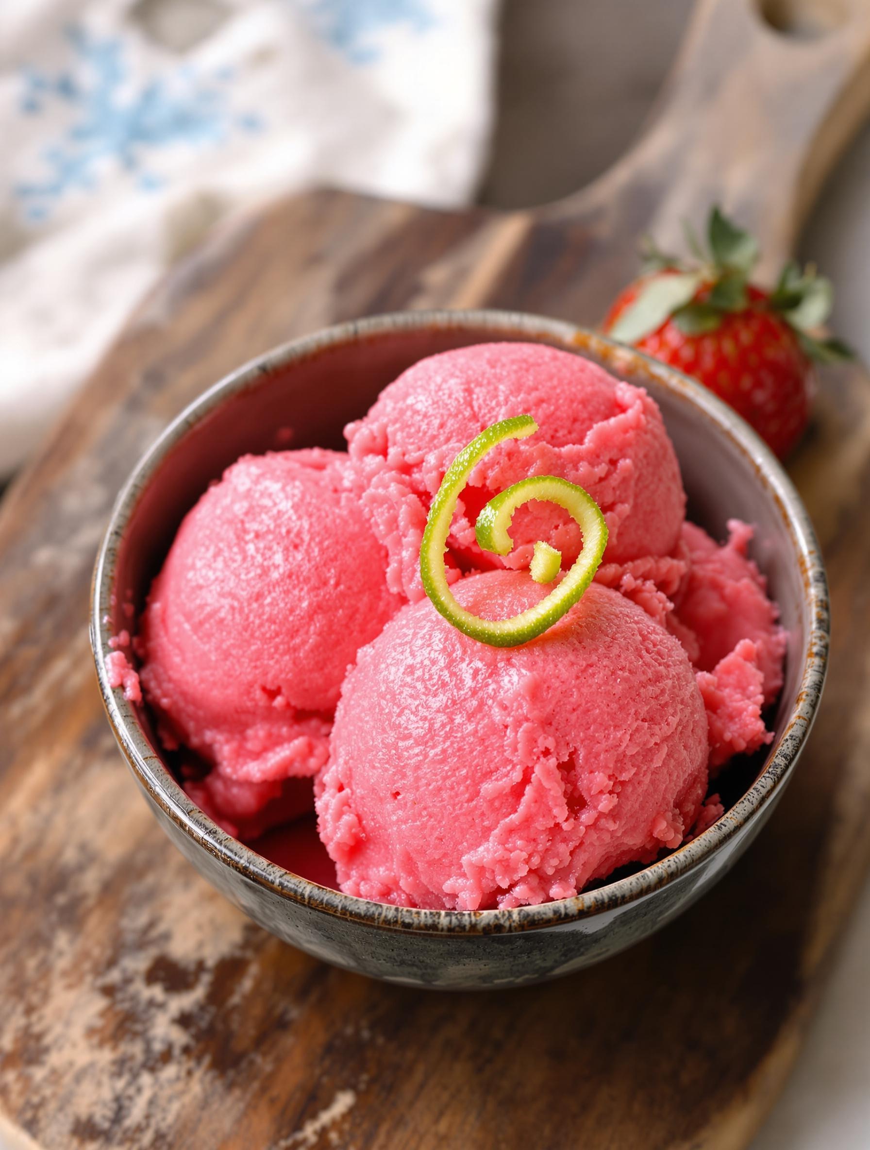 Gros plan sur un sorbet fraise maison, cristaux absents, décoré d’un zeste de citron vert spiralé