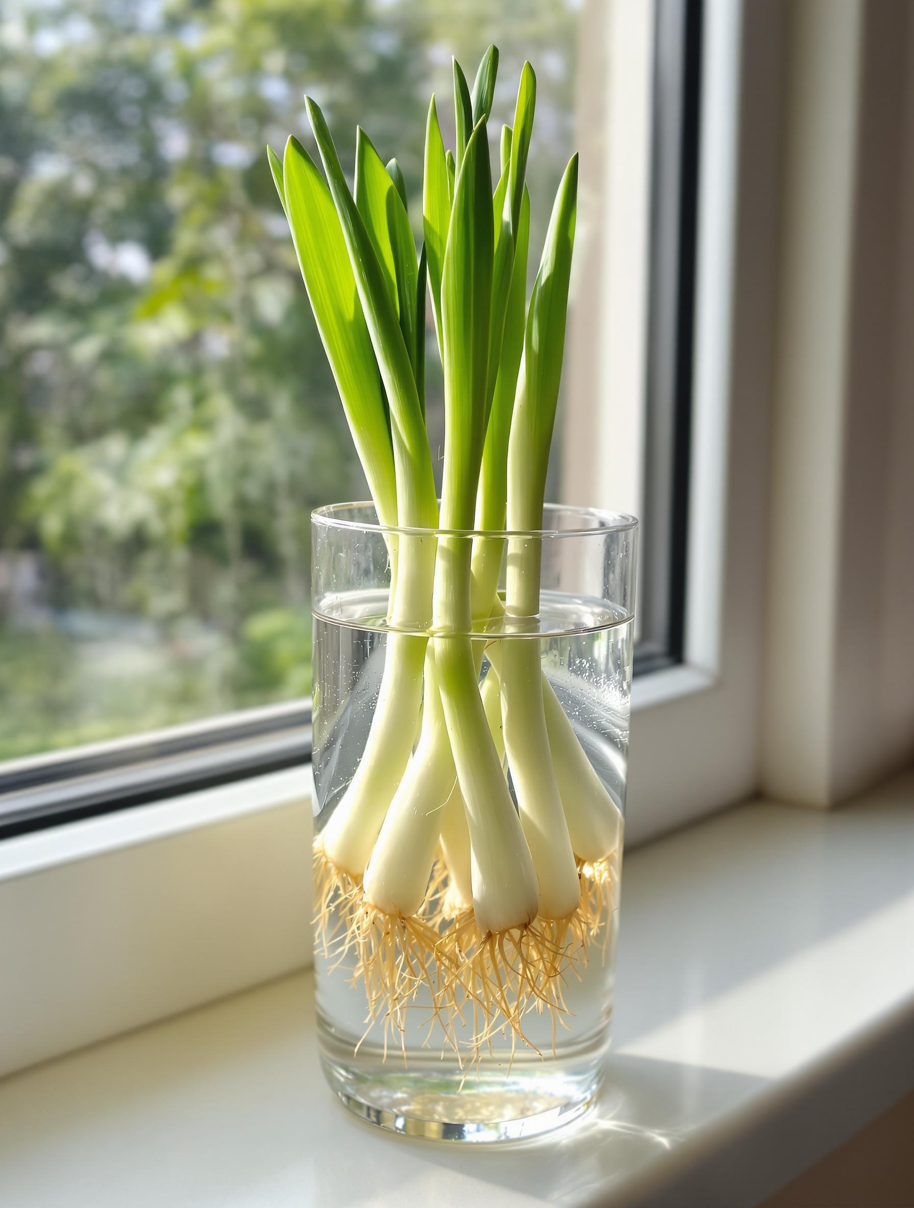 Cébettes en repousse dans un verre d’eau sur un rebord lumineux