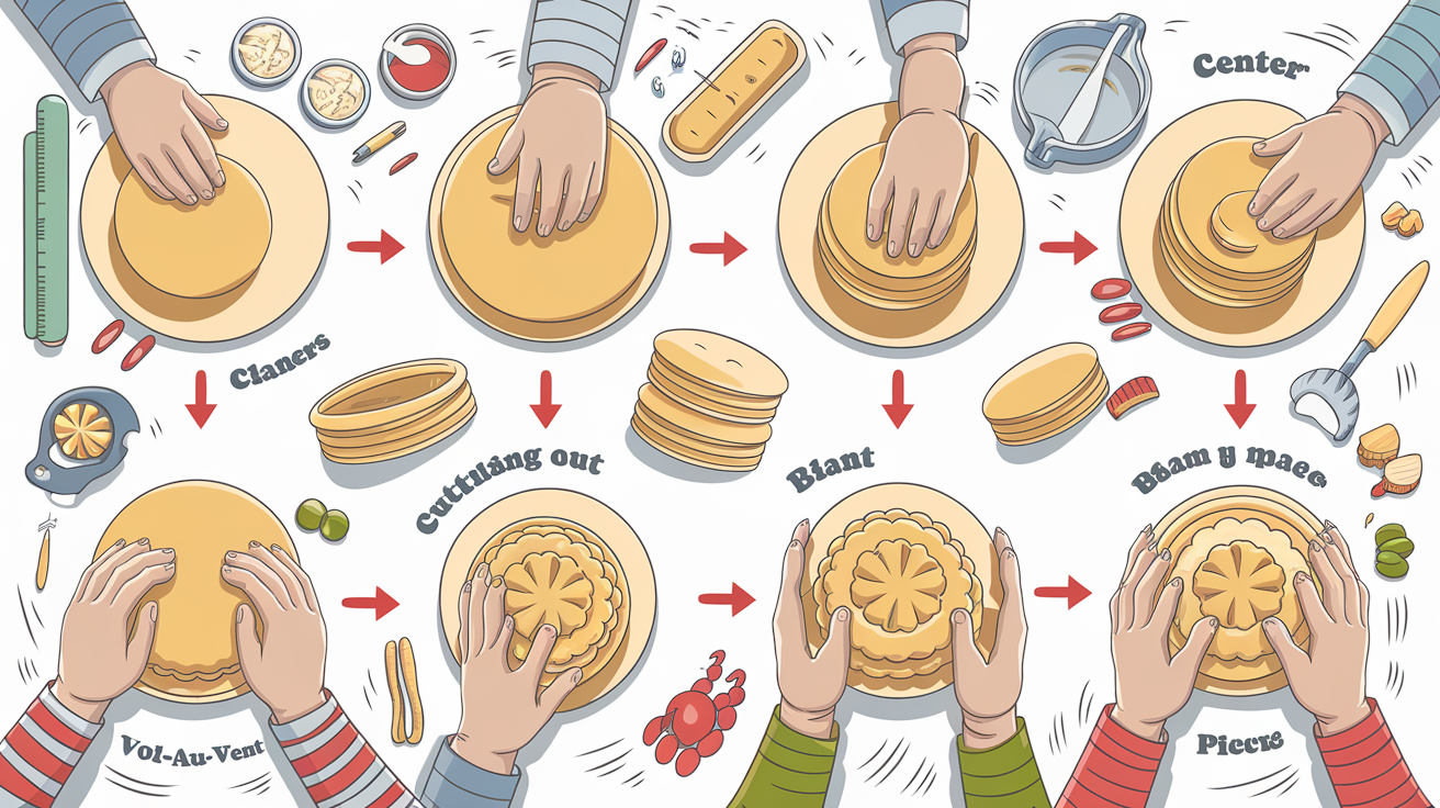 Découpe et montage des vol-au-vent en pâte feuilletée étape par étape.