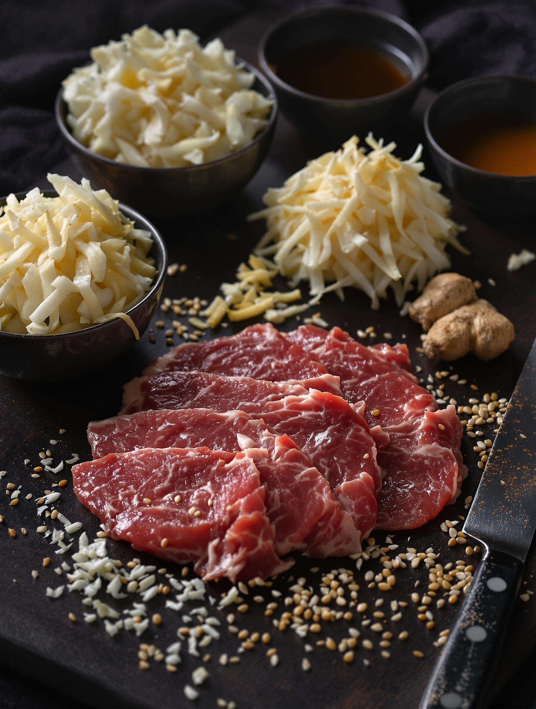Ingrédients pour le Bulgogi : bœuf et aromates prêts à plonger dans leur marinade.