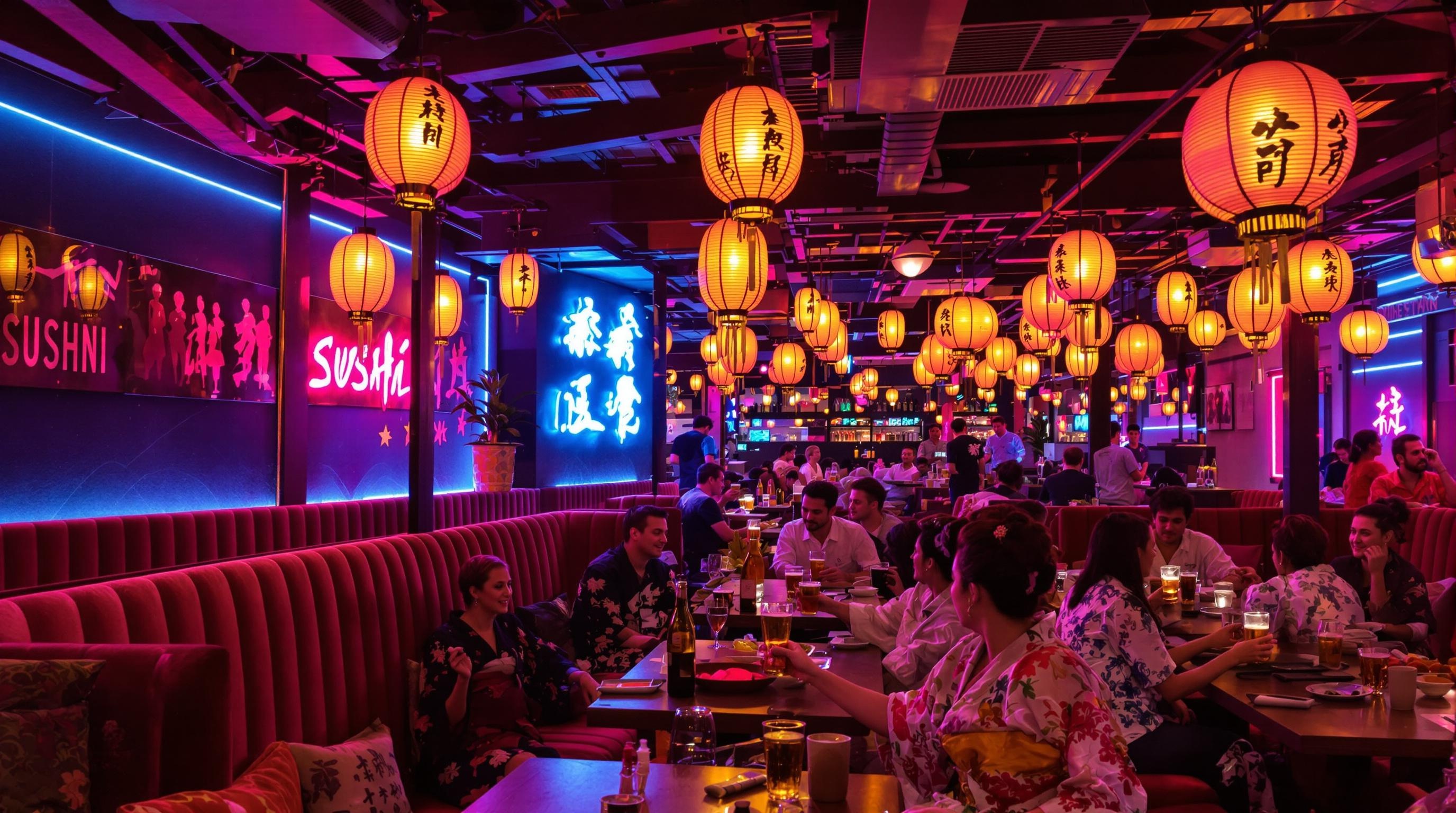 Ambiance izakaya festive et néons flashy dans un restaurant de sushi à Lyon