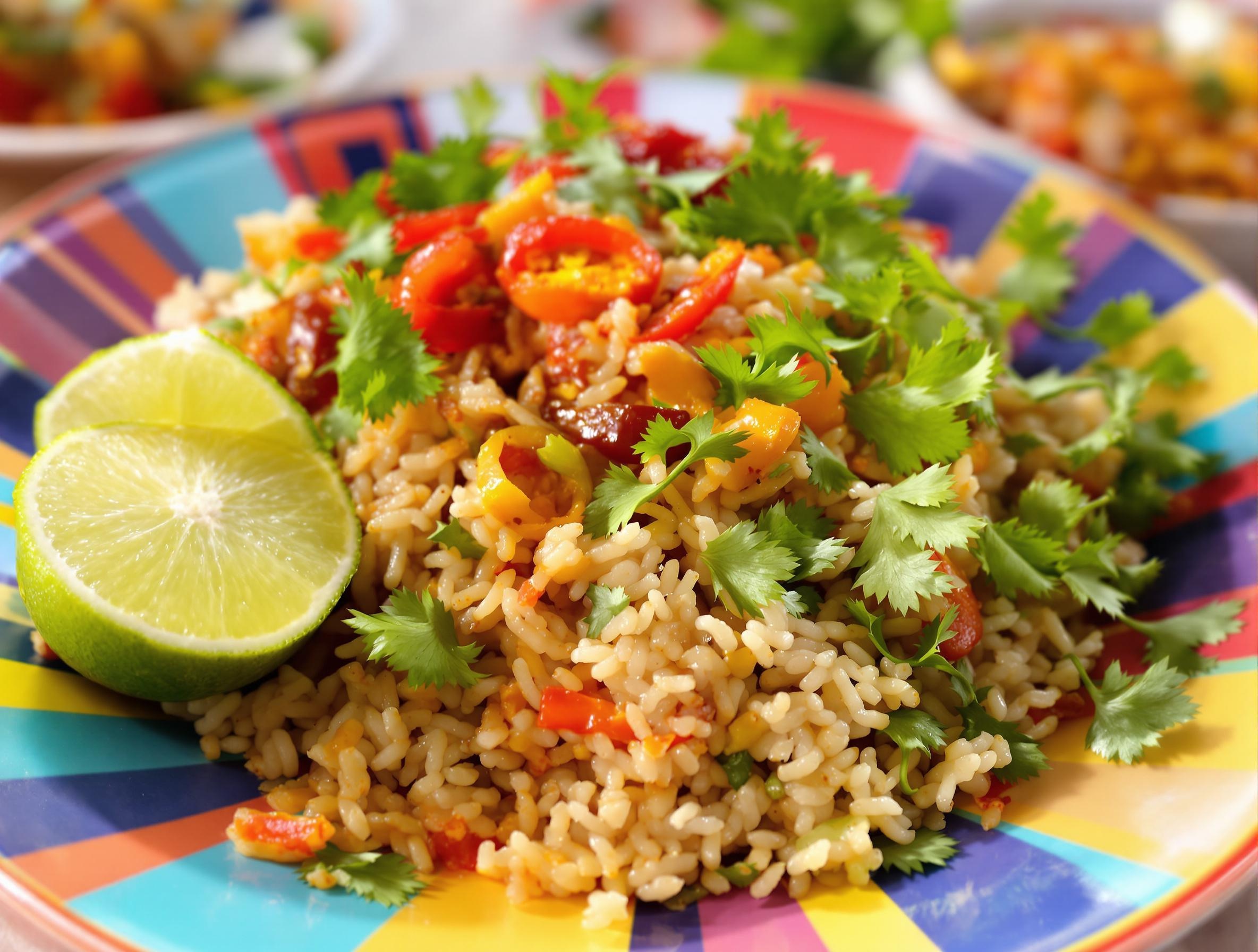 Khao Pat servi avec coriandre fraîche et piment rouge.