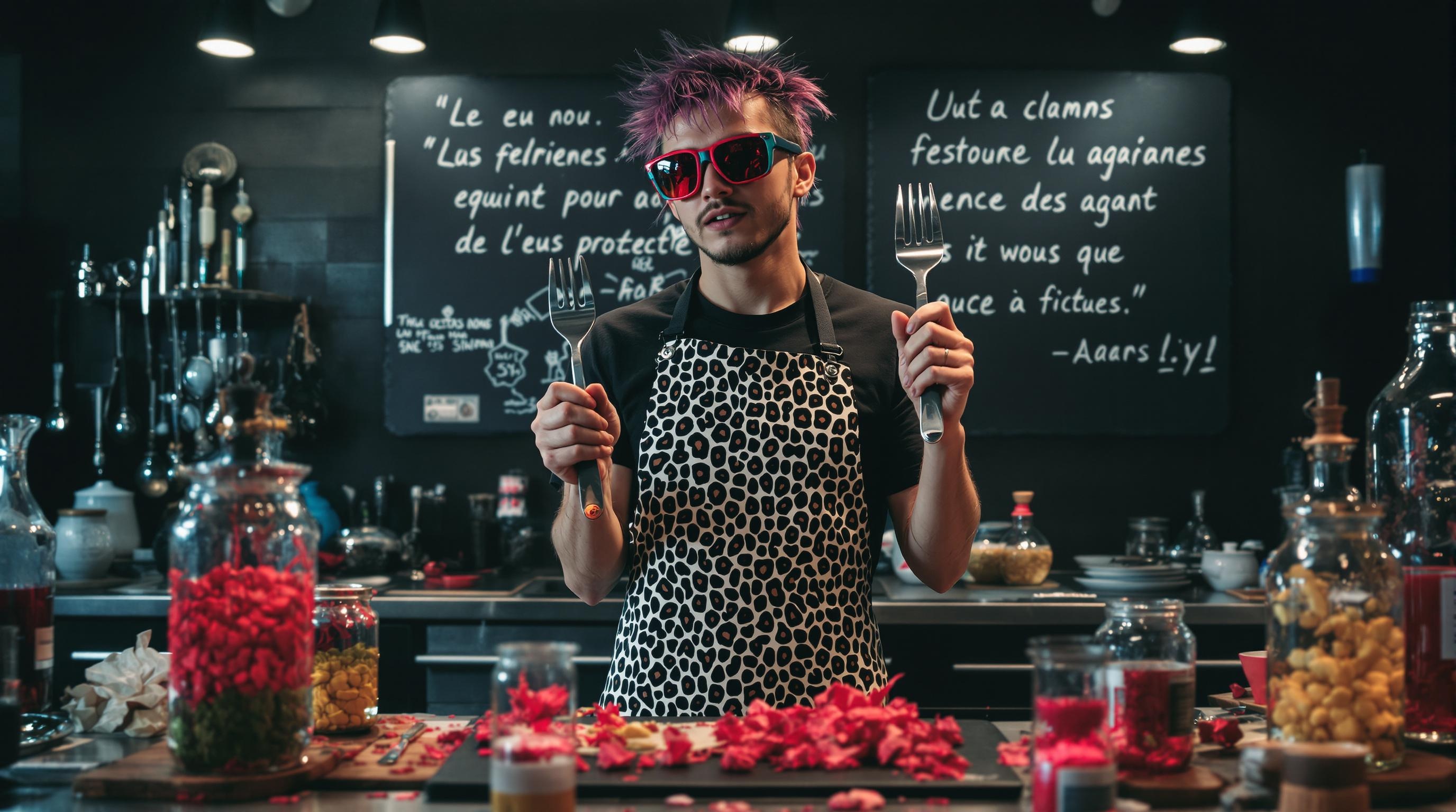 Laboratoire cuisine punk agar-agar fourchette bancale citation ardoise extravagant.