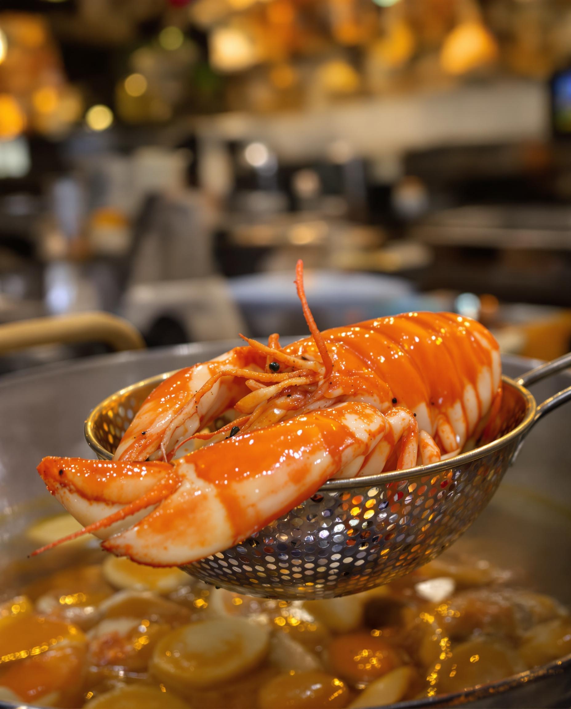 Langoustine cuite orange vif sur écumoire, chair nacrée, reflets dorés