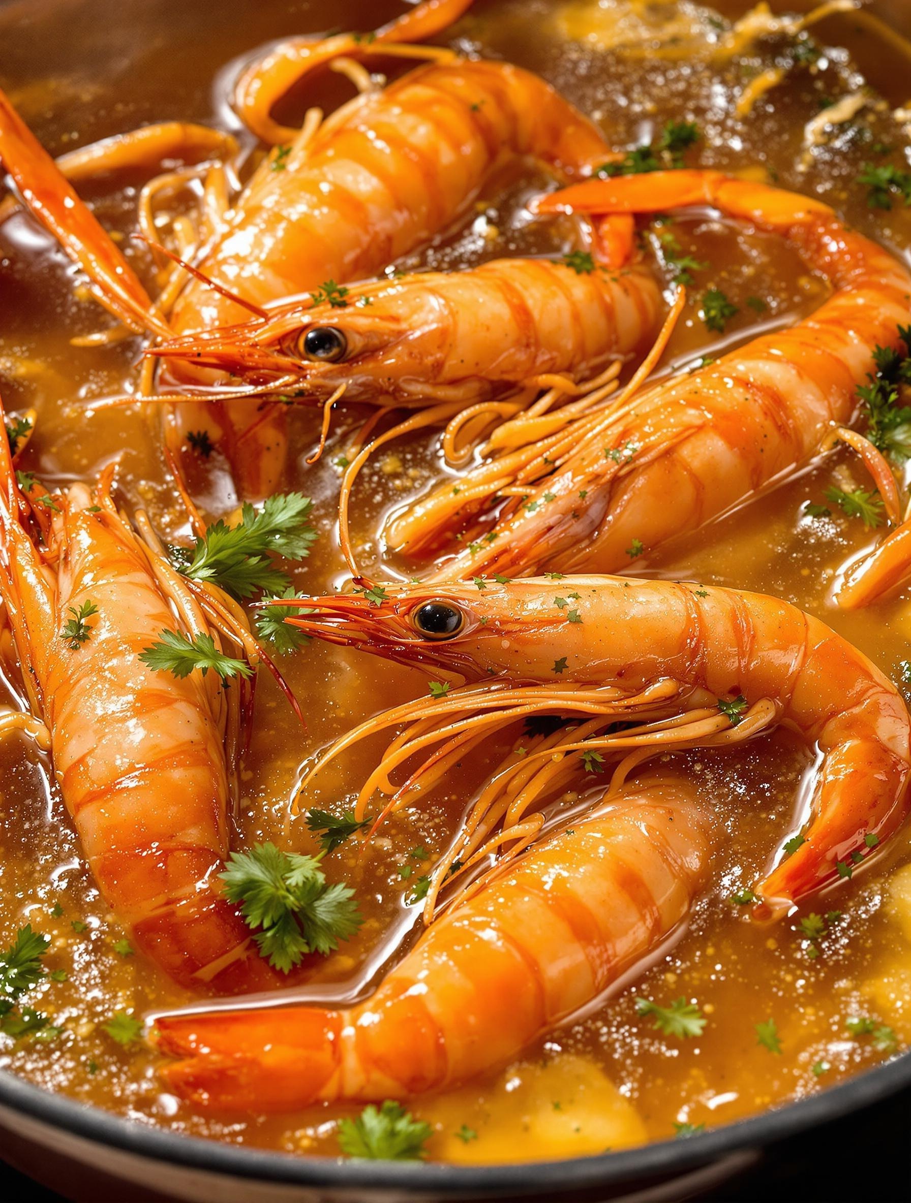 Langoustines dansant dans un court-bouillon bouillonnant avec huile d’olive et herbes aromatiques