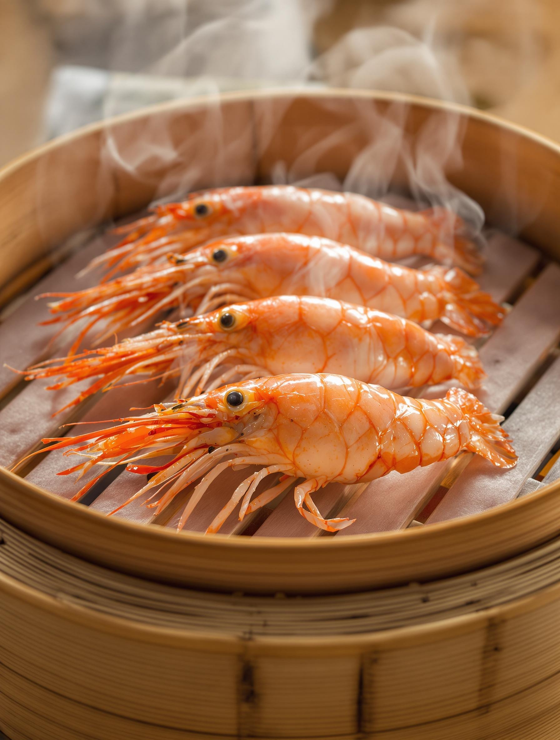Langoustines alignées sur panier vapeur, vapeur s’échappant en volutes délicates
