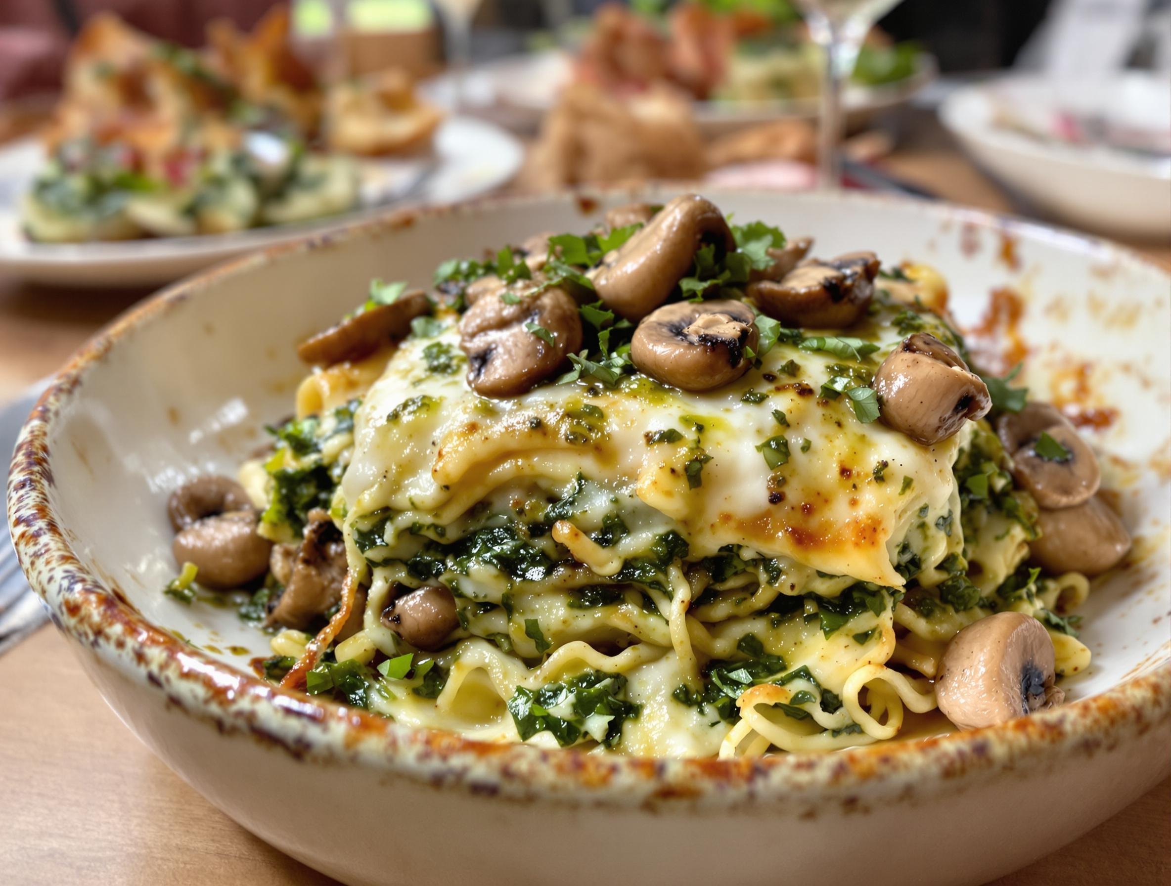 Lasagne épinards ricotta avec champignons sautés et pesto.