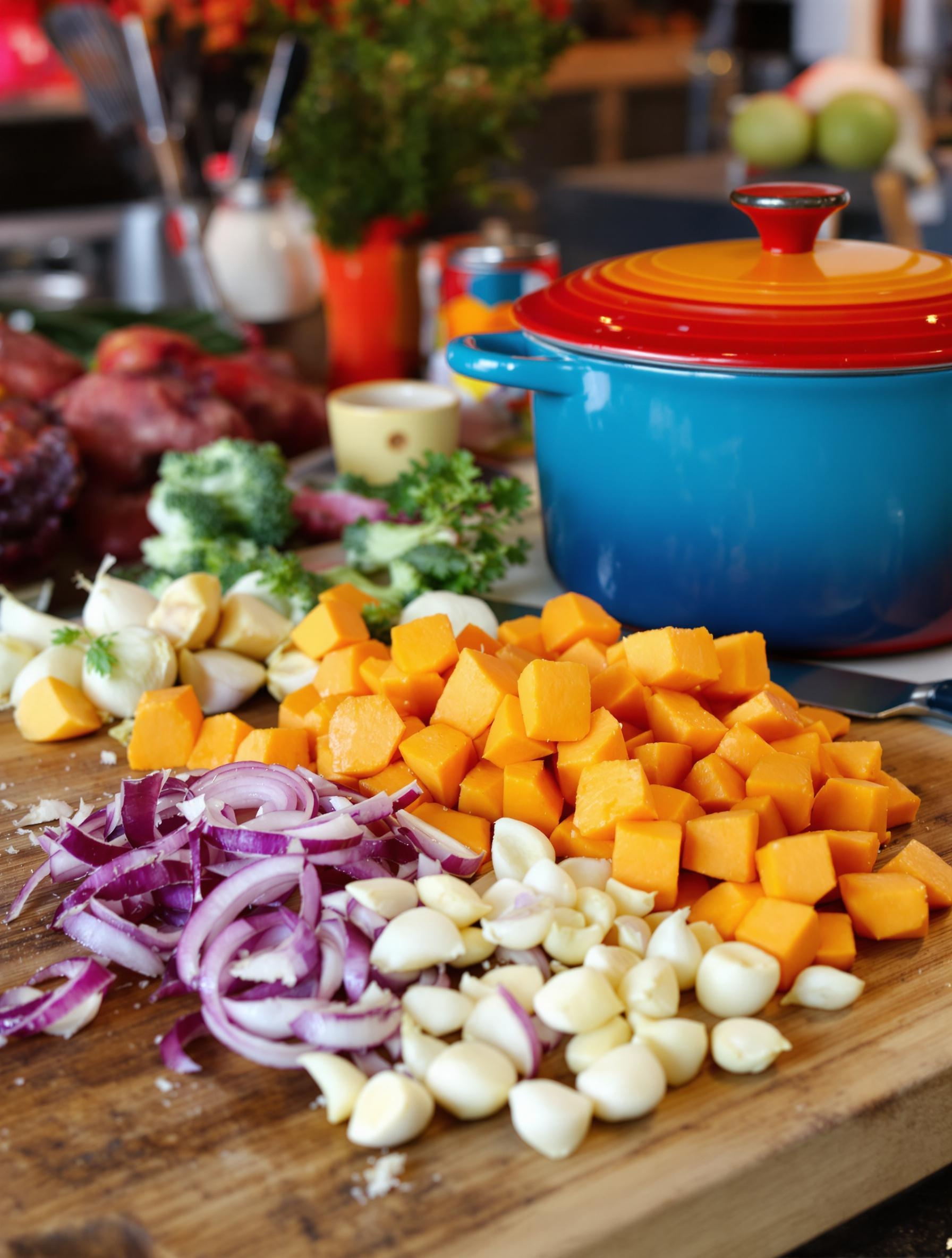 Légumes coupés prêts à danser dans la cocotte – patate douce, oignon, ail, carotte.
