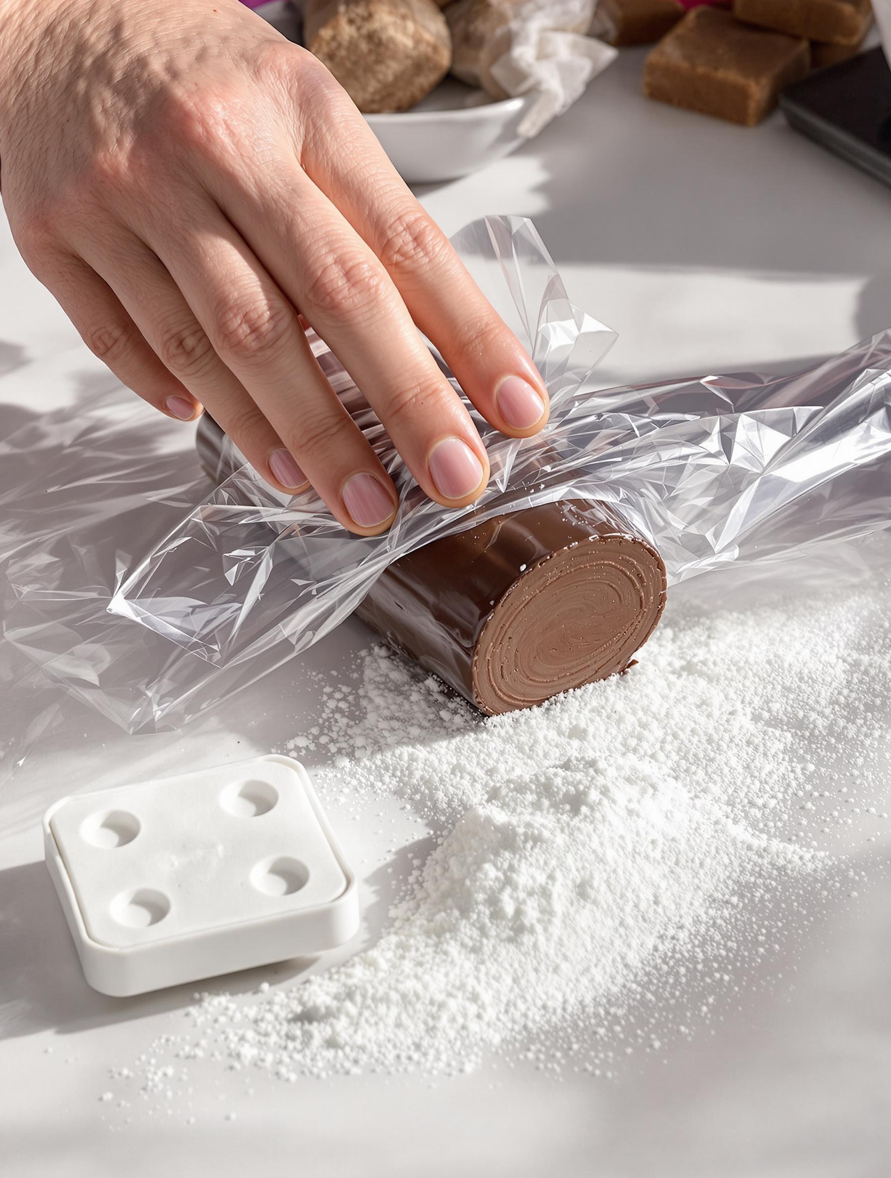 Enroulage d'un boudin de chocolat dans du cellophane, tablette de sucre glace à côté.