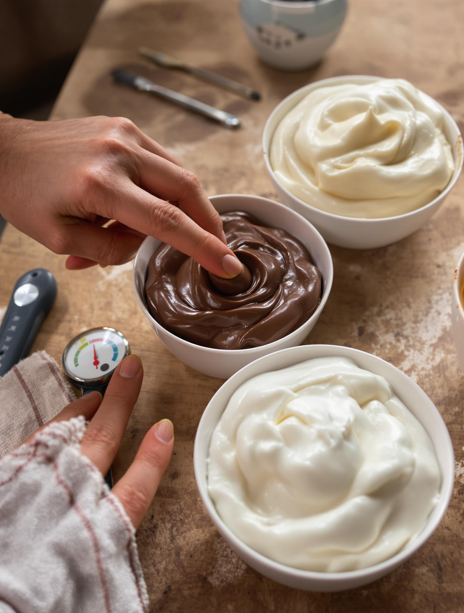 Test de température de mousse au chocolat avec doigt et thermomètre, atelier lyonnais
