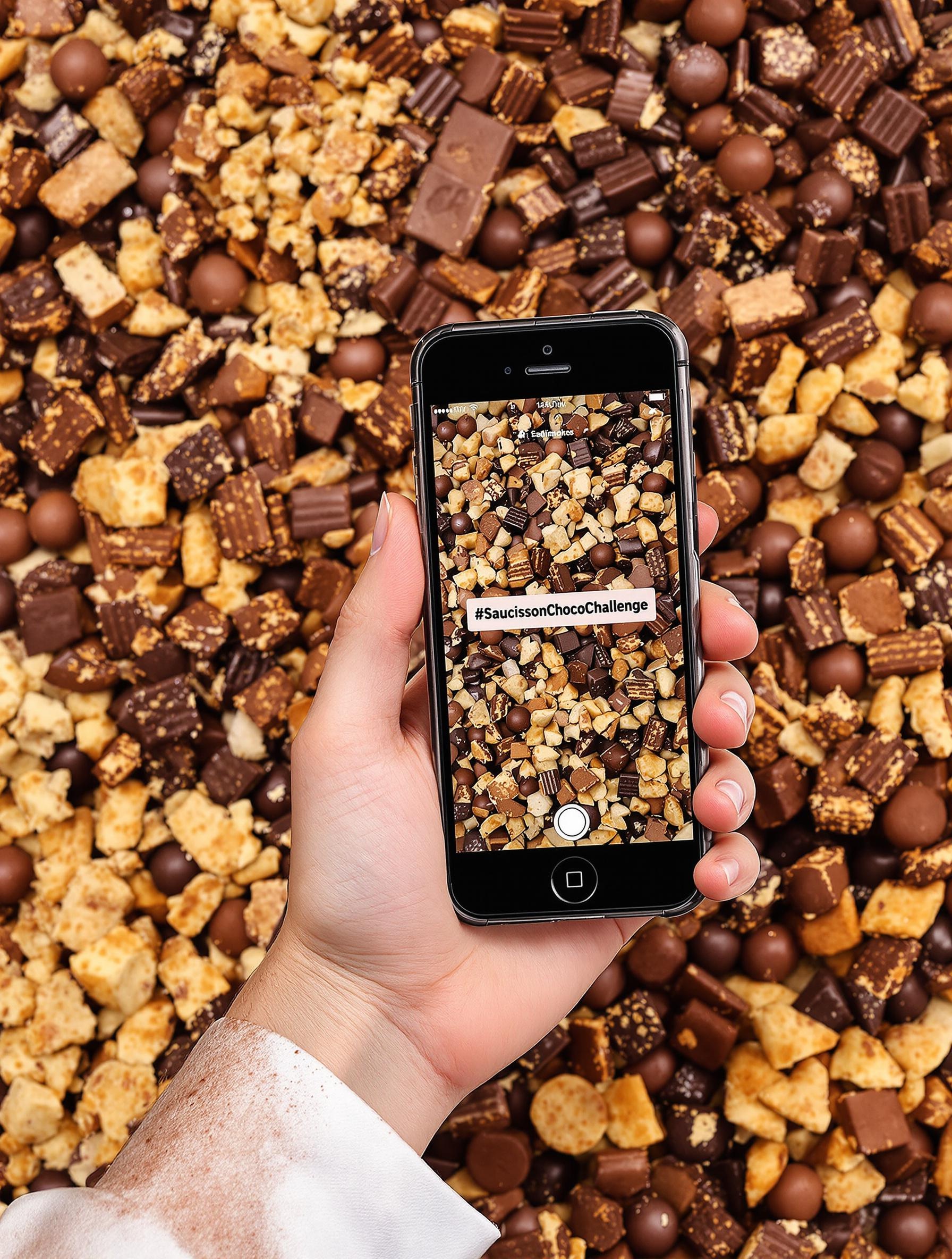 Main tenant un téléphone Instagram avec le hashtag #SaucissonChocoChallenge devant un fond chocolat.