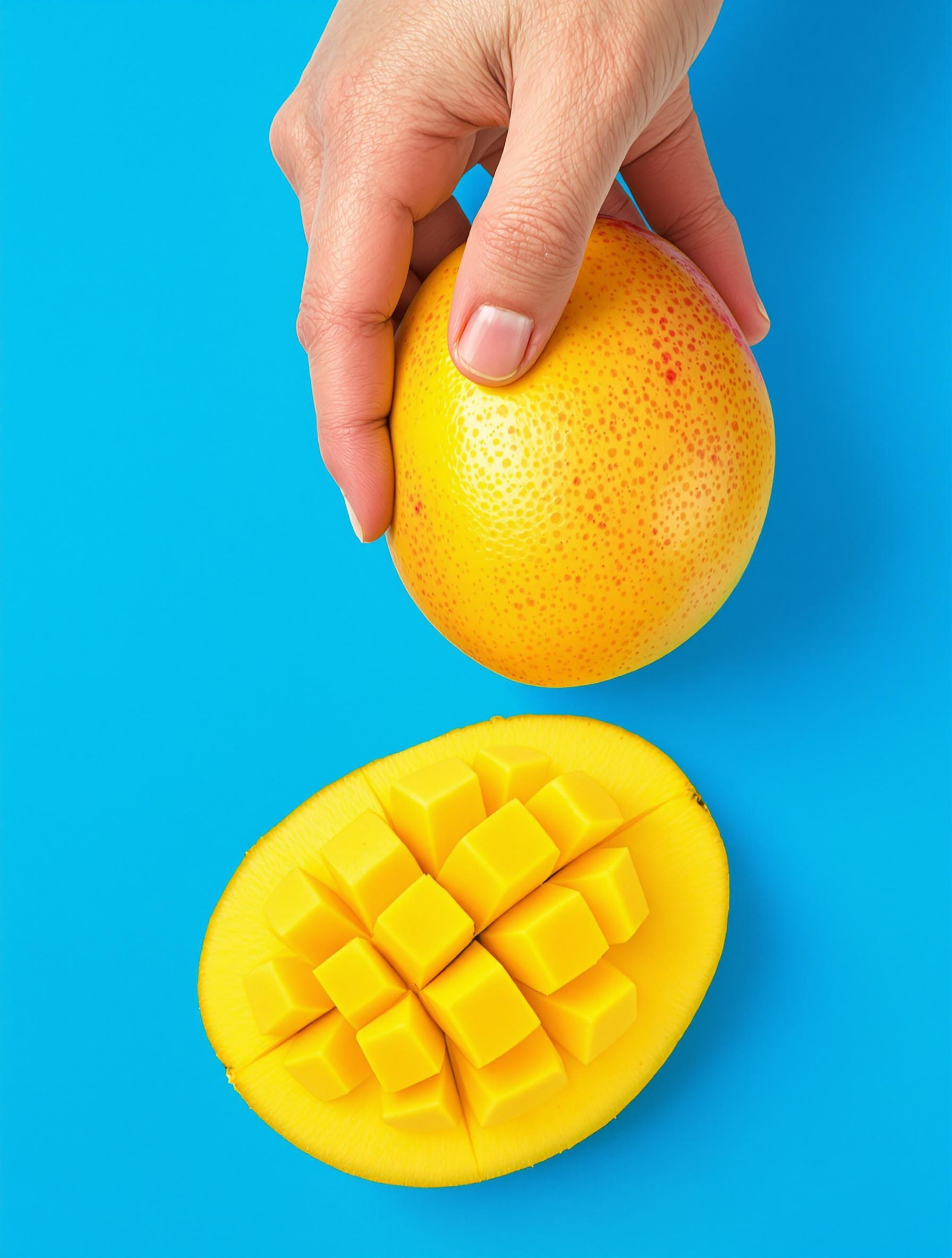 Comment bien choisir sa mangue mûre : main qui presse doucement, focus sur la tige.
