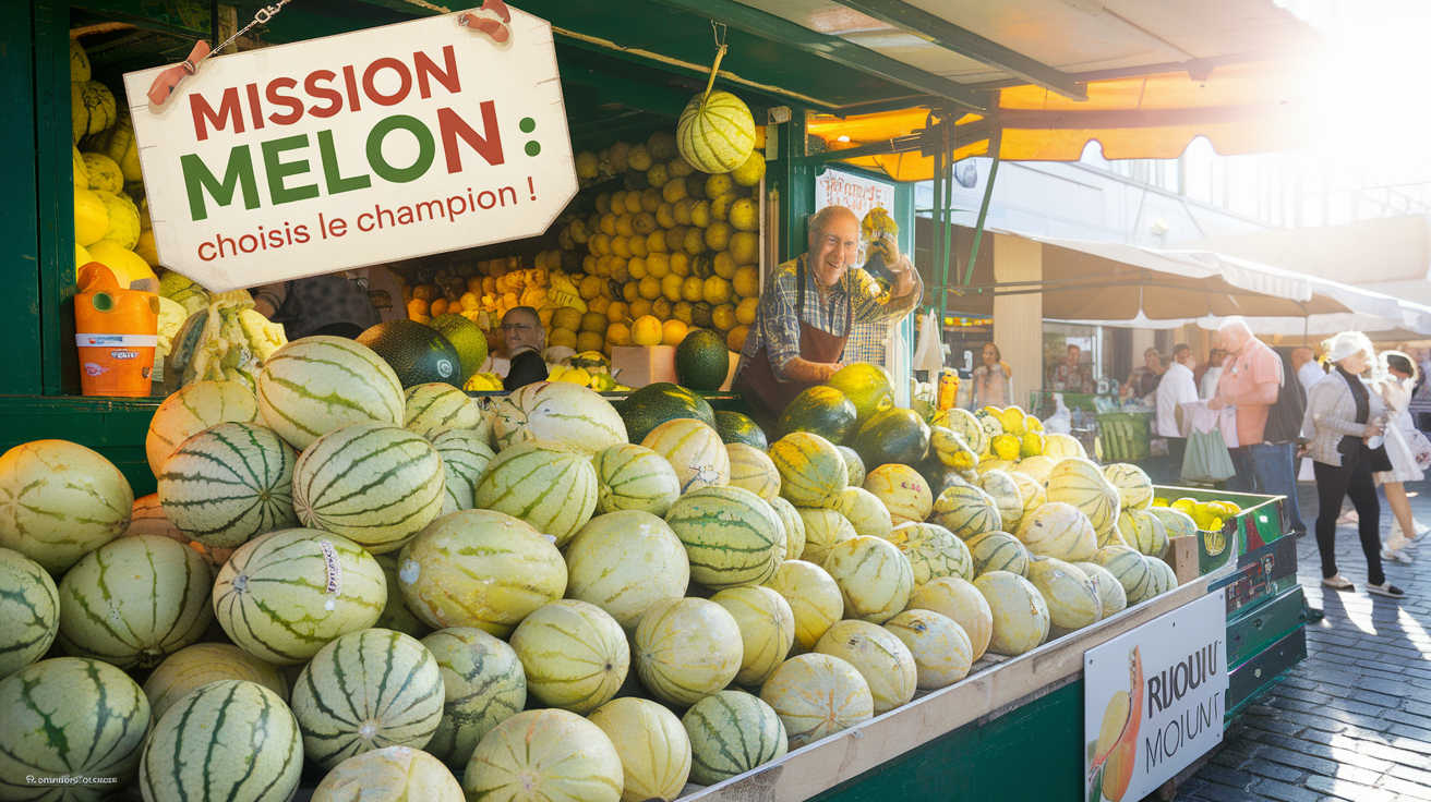 Marché d'été avec étal de melons charentais et pancarte Mission Melon : Choisis le champion !