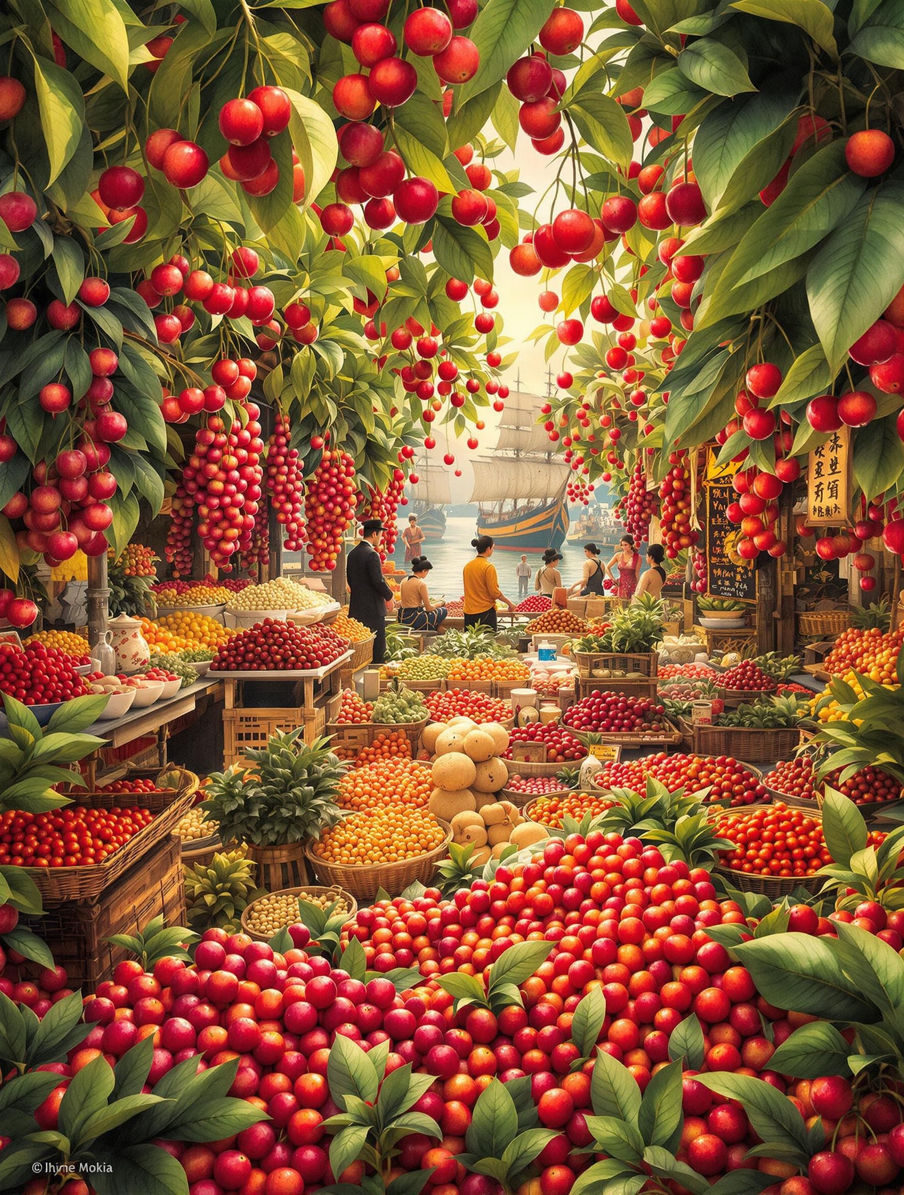 Marché exotique avec des étals de litchis et des jonques rappelant la route de la soie.