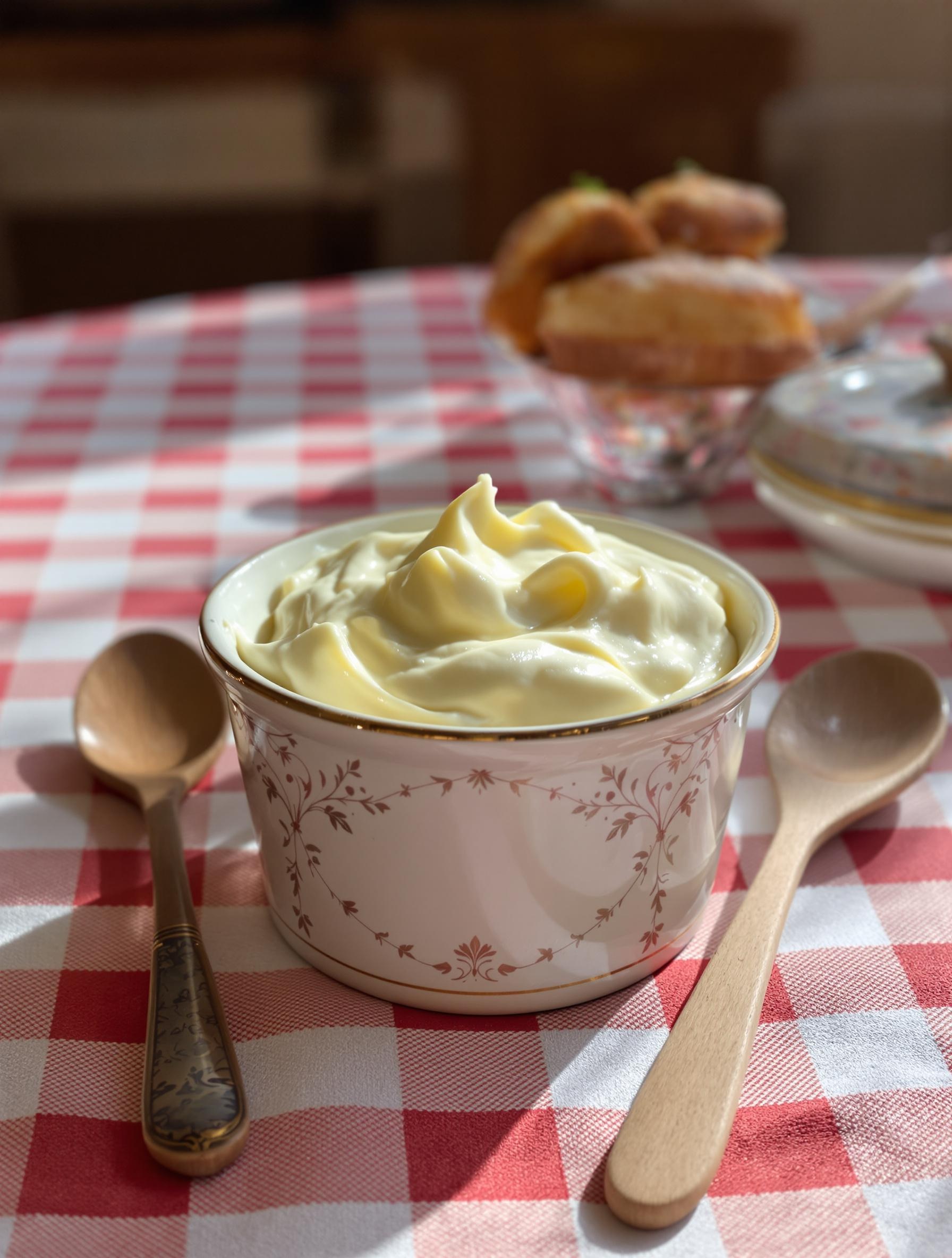 Mascarpone crémeux à température ambiante dans ambiance bouchon lyonnais.