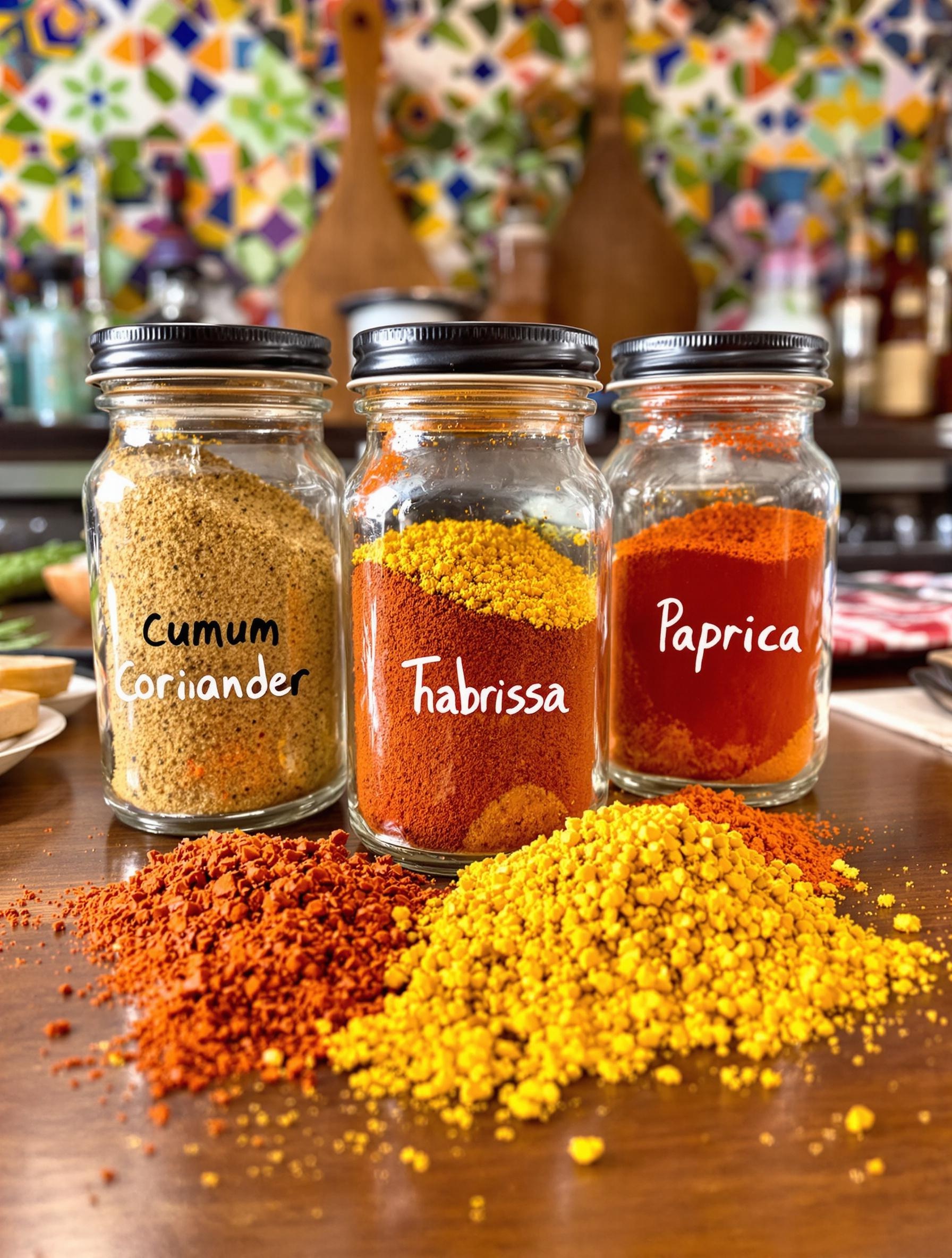 Mélange d'épices pour saucisson halal maison : cumin, coriandre, harissa, tabasco, paprika