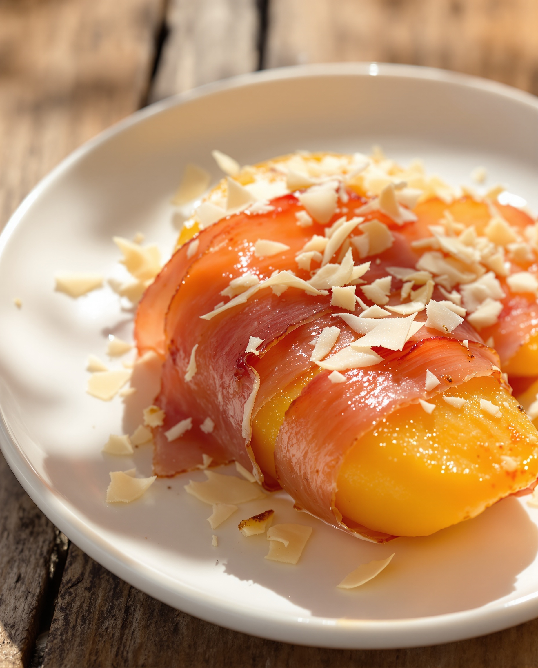 Melon Cavaillon rôti au four, enrobé de jambon de Parme et copeaux de parmesan sur assiette rustique blanche.