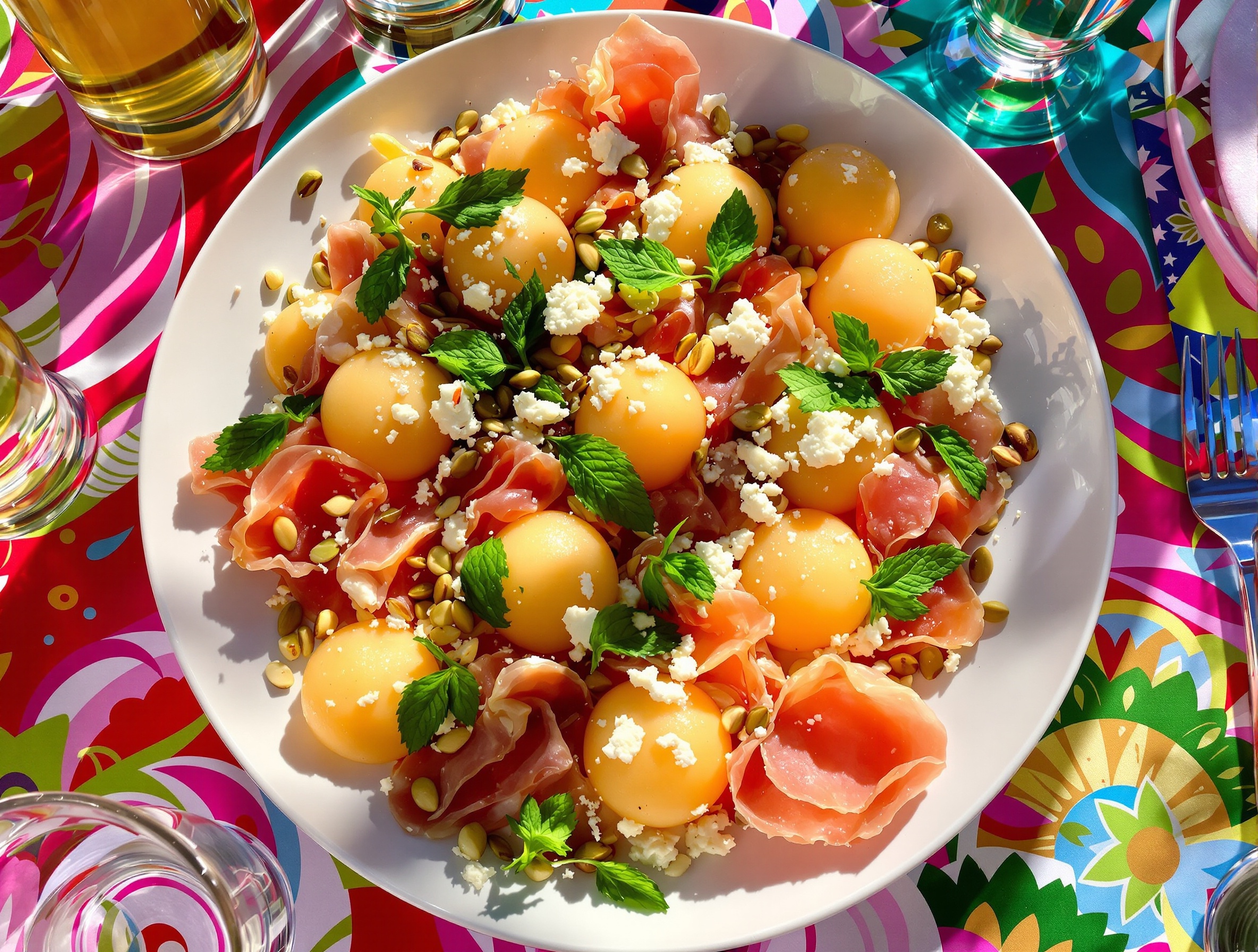 Plat de melon charentais en billes avec chiffonnades de jambon cru, feta, pistaches et menthe fraîche