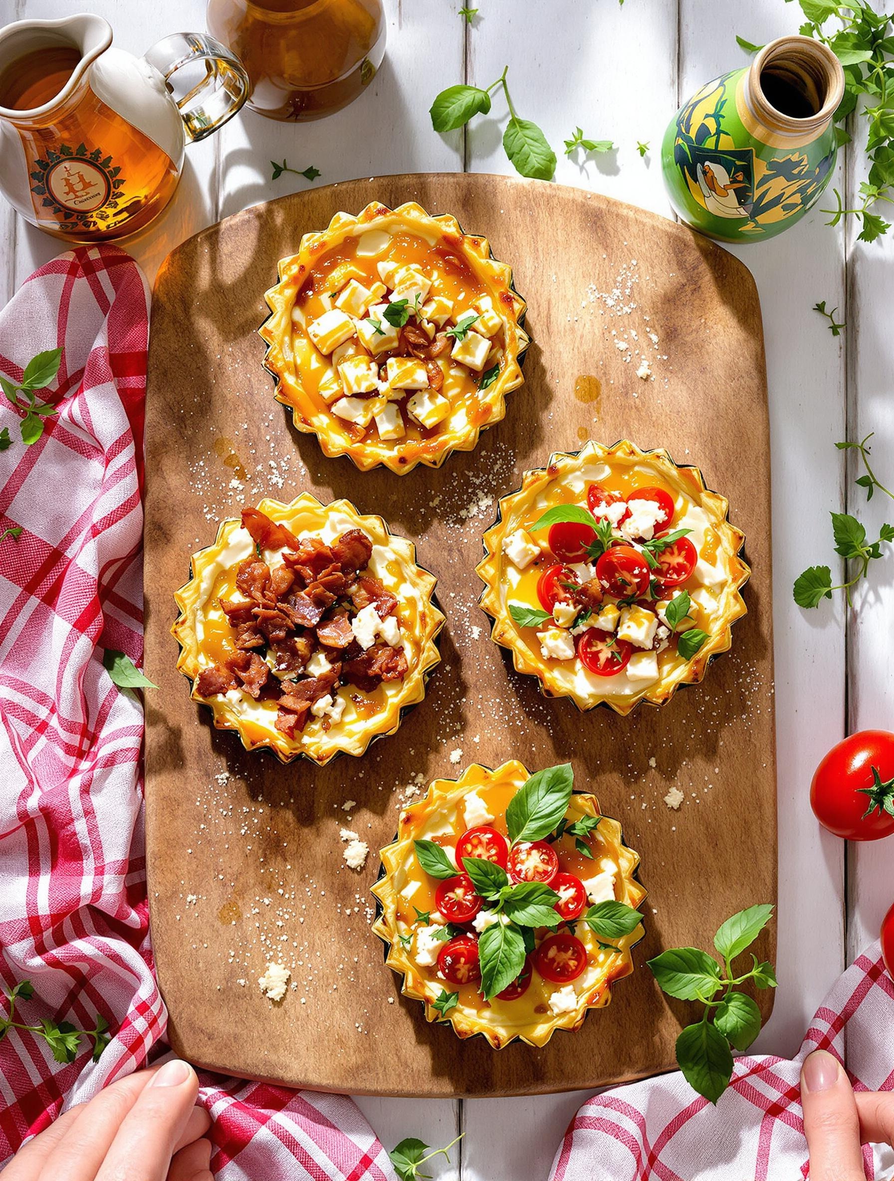 Mini tartes aux courgettes en versions chèvre-miel, lardons, feta-tomate-basilic et végane tofu soyeux.