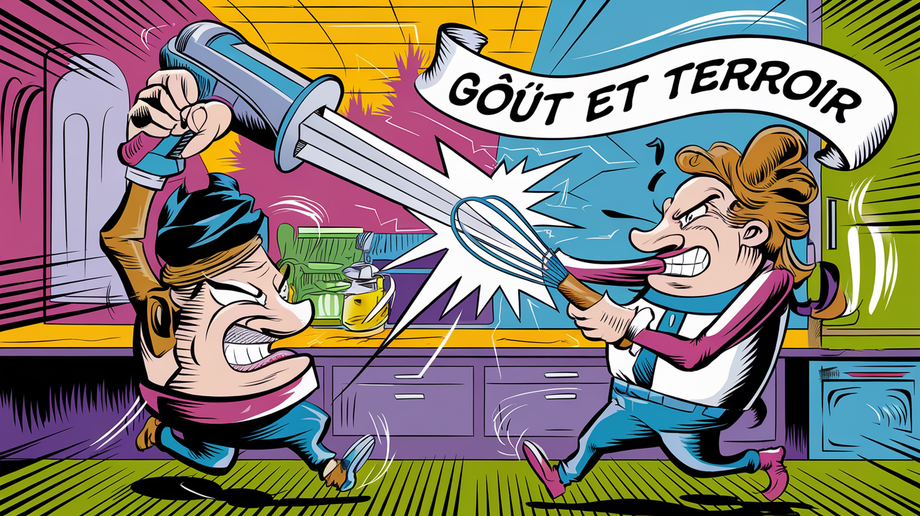 Mixeur plongeant face au fouet à main dans une scène pop et humoristique